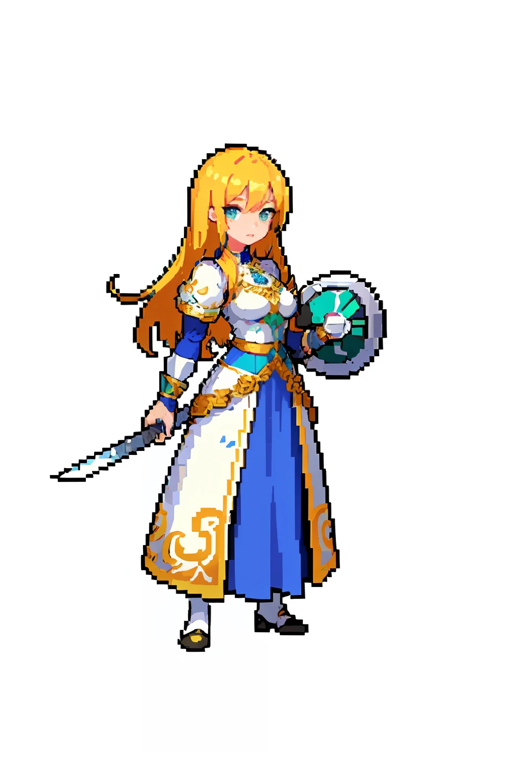 (​masterpiece、top-quality、top-quality)、pixels、Pixel art、女の子1人、full bodyesbian、Woman knight、Big sword、Large shield