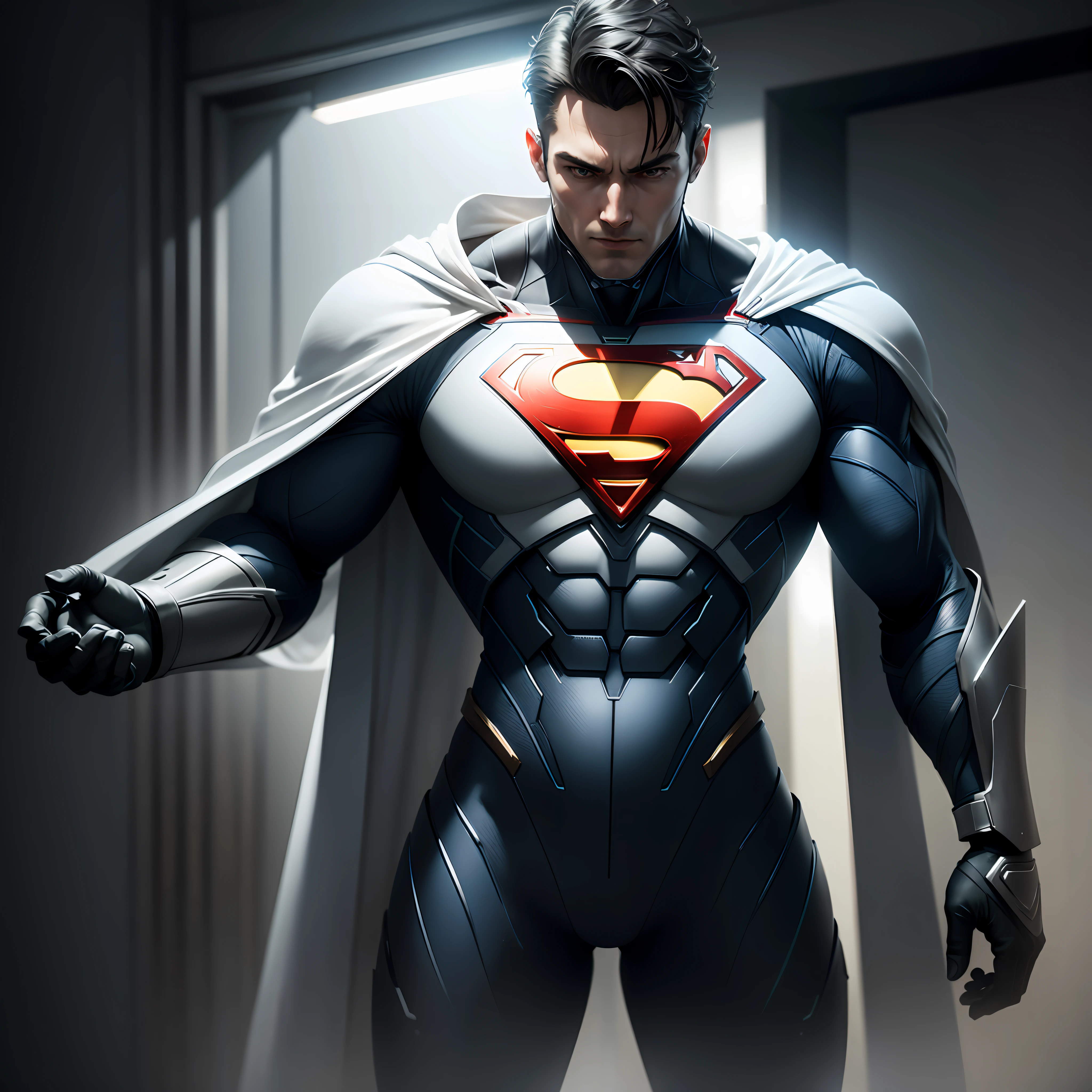 Beautiful men, Superman Cybernetic Figure, HDR (High Dynamic Range), Ray Tracing, NVIDIA RTX, Super-Resolution, Unreal 5, Subsurface Scattering, PBR Textures, Post Processing, Anisotropic Filtering, Depth of Field, Maximum Sharpness and Sharpness, Multi-layer Textures, Albedo and Highlight Maps, Surface Shading, Accurate simulation of light-material interactions, perfect proportions, Octane Render, two-color light, large aperture, low ISO, white balance, rule of thirds, 8K RAW, Full White costume,cape red.