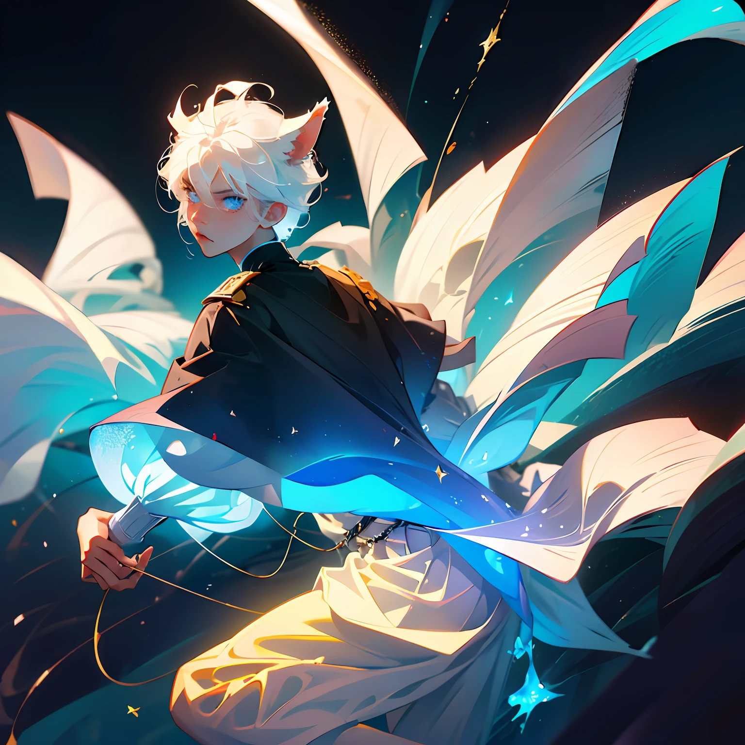 A 14 year old teenager with light complexion, white hair and dog ears and tail, he has blue heterochromatic eyes with a golden part in one of the eyes, he is in a blue fire that slowly consumes him, he is surprised and his eyes show it, he doesn't want to die but there is no way to avoid it so he just looks at the camera with a tear in one of his eyes and stays still. He has two eyes, one head, full body, anime style drawing. --auto