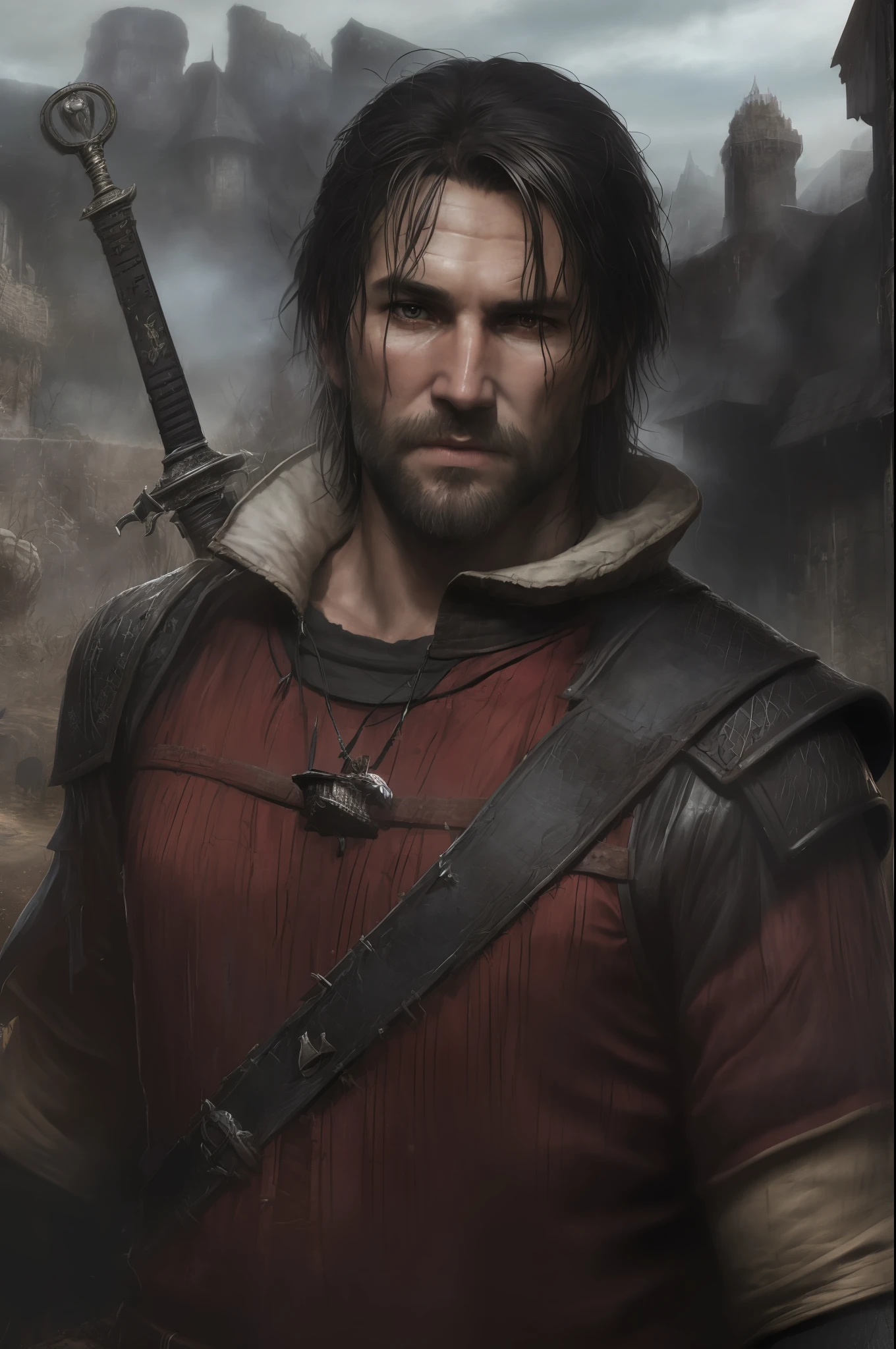 An actor Clive Standen as the Witcher with long black hair, with a sword and a cape, he has a red scar on his face, the witcher concept art, epic portrait of menacing, character portrait art, painted character portrait, detailed character portrait, character art portrait, fantasy genre portrait, fantasy character portrait, character - portrait, epic character portrait, rpg portrait concept art, The witcher 3, realistically, dynamic lights, old, full footage, (extremely detailed 8k wallpaper of CG unit), trend in ArtStation, trend in CGSociety, high detail, sharp focus, dramatic, photorealistic