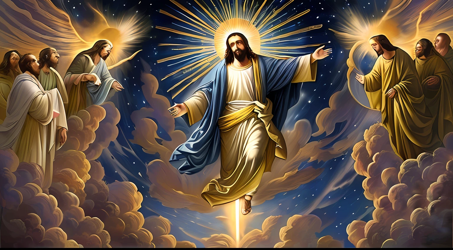 Jesus Christ descending from the heavens in the Second Coming, portrayed in a realistic style, The dark skies are illuminated by a soft, radiant, divine glow, creating an awe-inspiring and majestic atmosphere, showcasing high definition and richly detailed brushwork. The color scheme comprises heavenly blues and warm golds, symbolizing the divine presence of Jesus Christ.