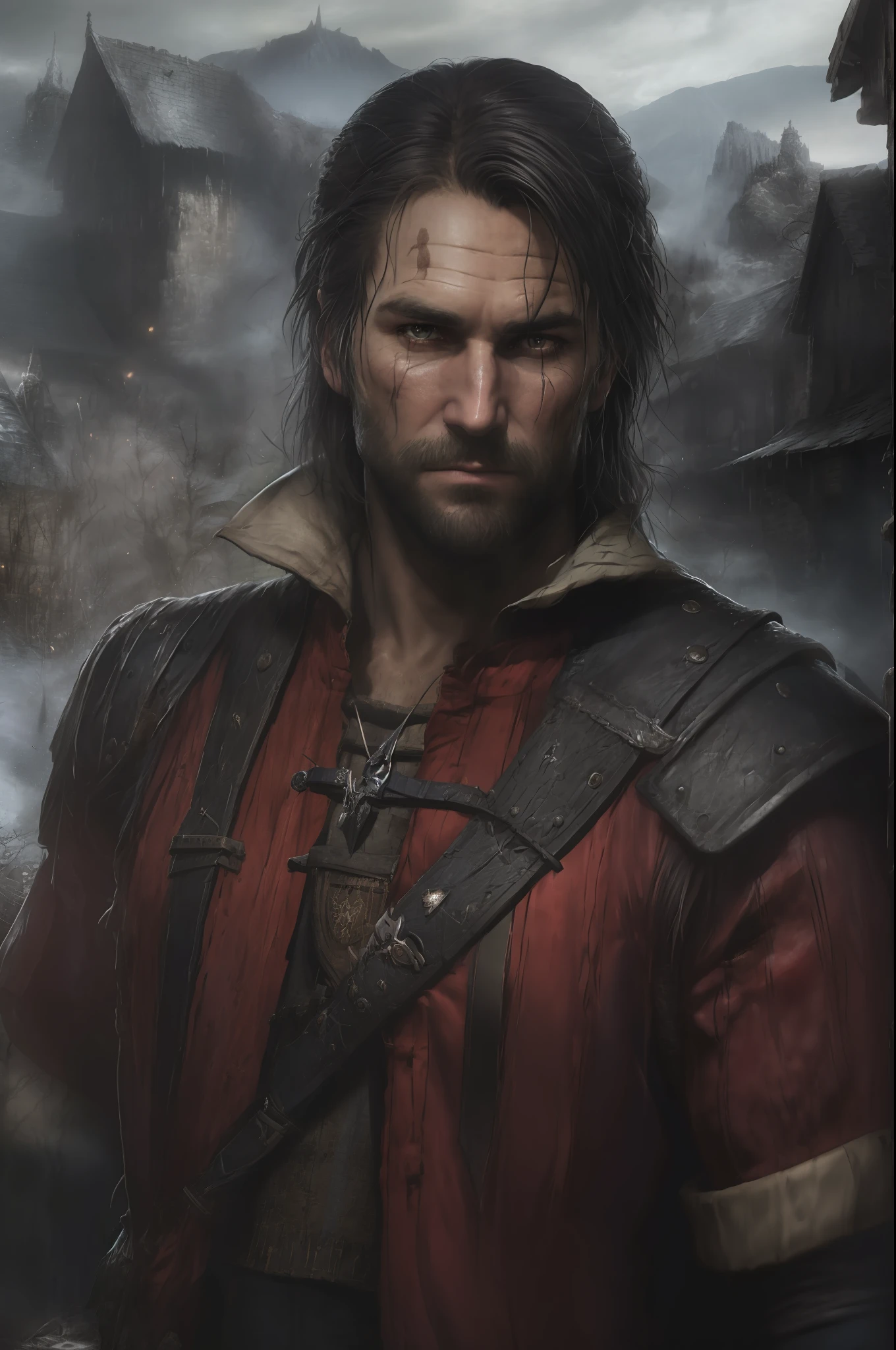 An actor Clive Standen as the Witcher with long black hair, with a sword and a cape, he has a red scar on his face, the witcher concept art, epic portrait of menacing, character portrait art, painted character portrait, detailed character portrait, character art portrait, fantasy genre portrait, fantasy character portrait, character - portrait, epic character portrait, rpg portrait concept art,  The witcher 3, realistically, dynamic lights, old, full footage, (extremely detailed 8k wallpaper of CG unit), trend in ArtStation, trend in CGSociety, high detail, sharp focus, dramatic, photorealistic