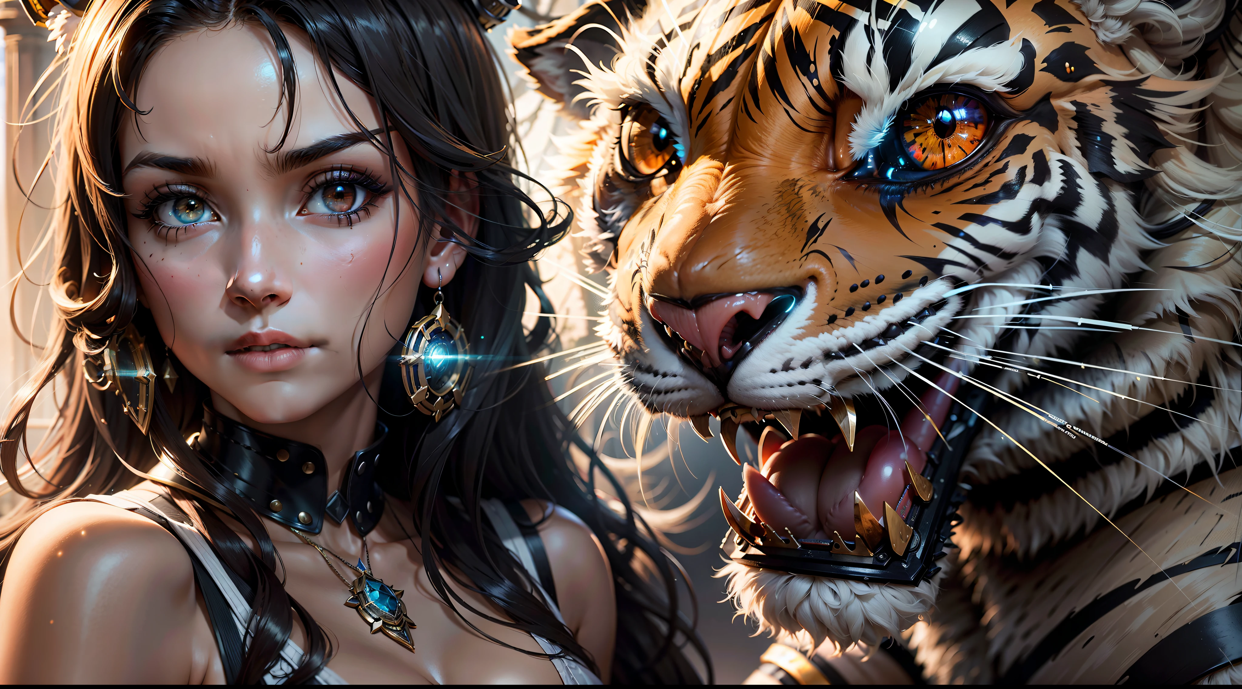 .mid, cuerpo completo, La mejor calidad, Obra maestra, Super High Resolution, (realismo:1.4), ludicrous, Cinema lights, (Mejor foto mediana de Mechanical Girl), ((resplandecer)), (Motivo del tigre), rubio, Cabello largo, ojos rojos, They are smiling, tocado delicado, Cara extremadamente detallada, surrealismoo, steampunk, intricate design, extremadamente detallado, Detalle exquisito, HDR (High Dymanic Range), Trazado de rayos, Irreal 5, Subsoil Scatter, Textura PBR, Post-procesamiento, Anisotropic filtering, Profundidad de campo, Maximum Sharpness and Acutance, Texturas multicapa, Albedo y Highlight Maps, Sombreado de superficies, Accurate simulation of light-material interactions, proporciones perfectas, Renderizado de octanaje, duotone illumination, ISO bajo, balance de blancos, Regla de los tercios, Amplia apertura, 8K RAW, high-efficiency subpixels, sub-pixel convolution, Luminescent Particles, Light scattering, Efecto Tyndall