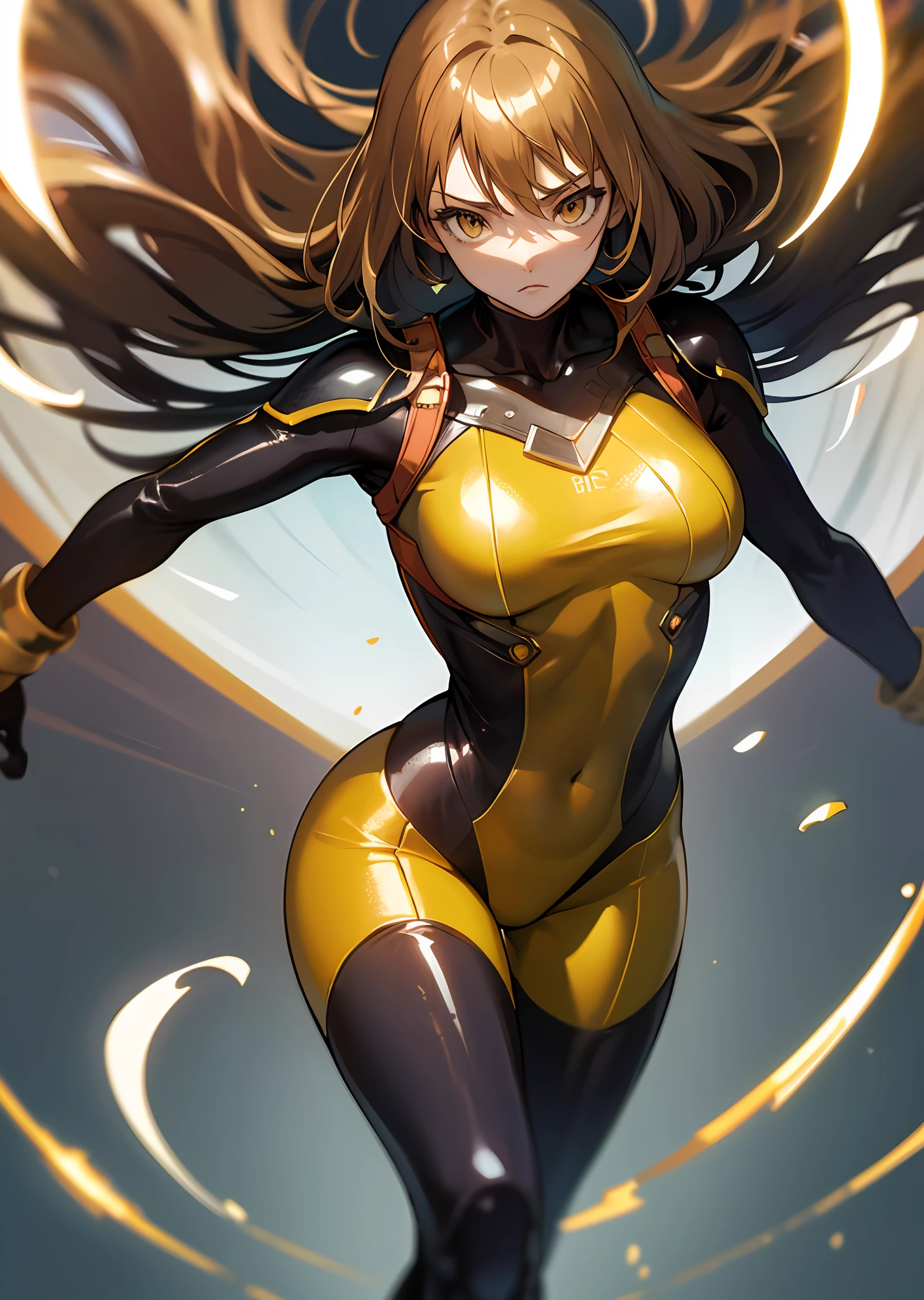 (masutepiece), Best Quality, High resolution, Ultra-detailed, Vivid texture, Stand up to the powerful, A tight bodysuit that emphasizes her gorgeous figure, Dynamic lighting, golden colored/Black contrast, cinematic view, intense emotion, Immersive experience, timeless beauty, Breathtaking.