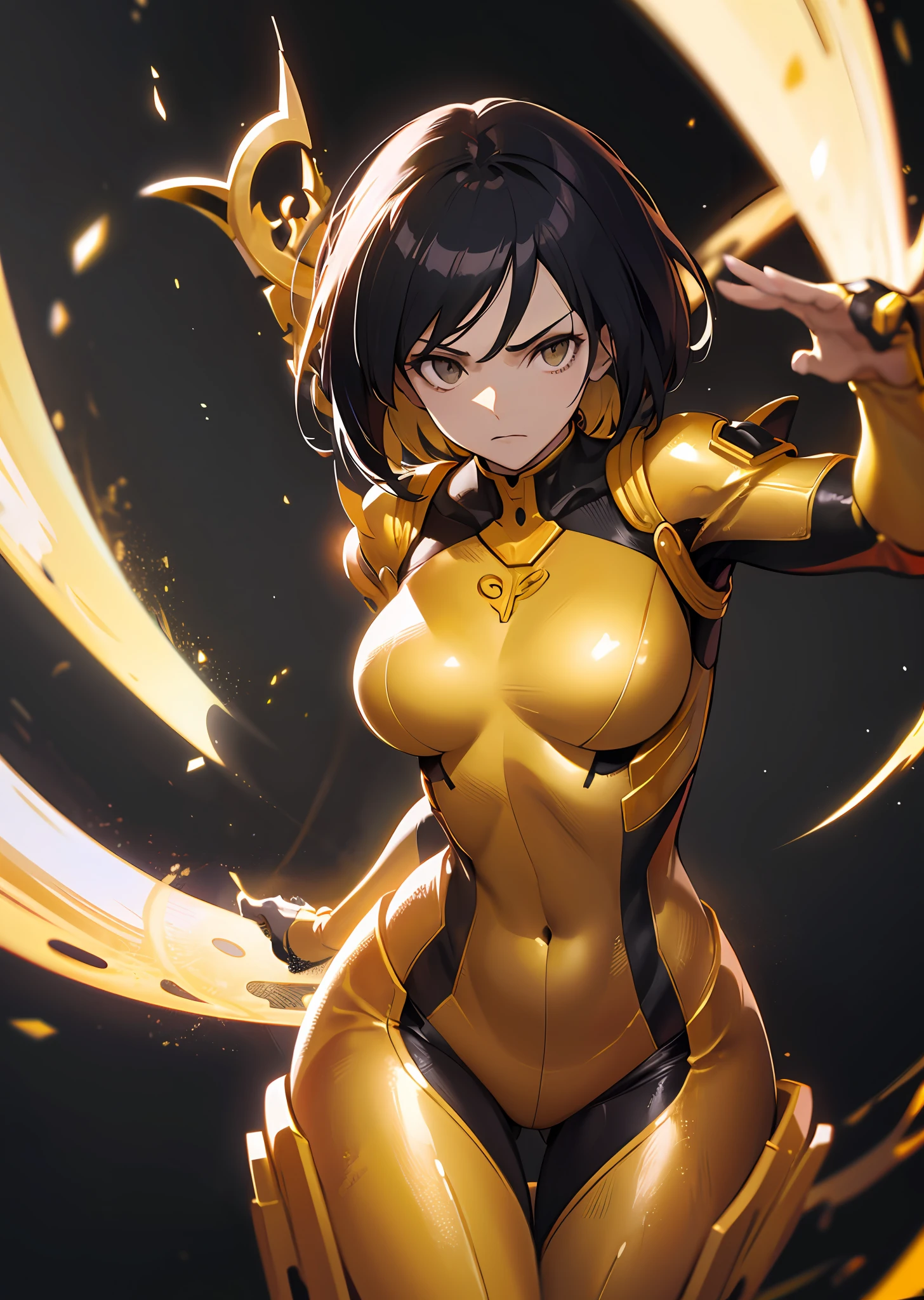 (masutepiece), Best Quality, High resolution, Ultra-detailed, Vivid texture, Stand up to the powerful, A tight bodysuit that emphasizes her gorgeous figure, Dynamic lighting, golden colored/Black contrast, cinematic view, intense emotion, Immersive experience, timeless beauty, Breathtaking.