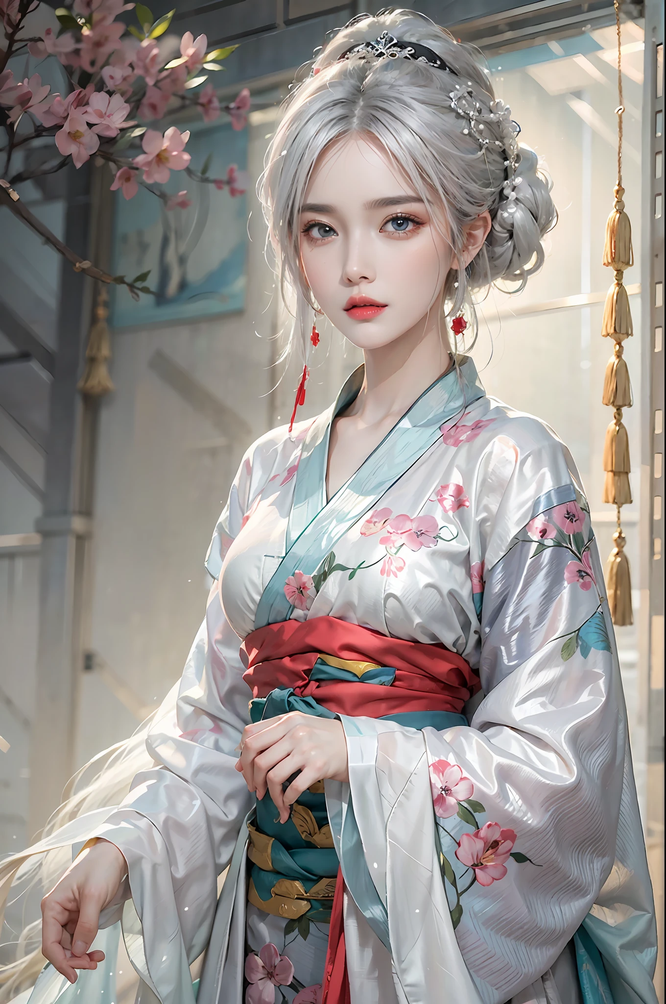 photorealistic, high resolution, colorful, color splash, splash, 1 girl, solo, hips up, beautiful eyes, white hair, medium breast, intricate brocade hanfu, gorgeous accessories, wearing pearl earrings