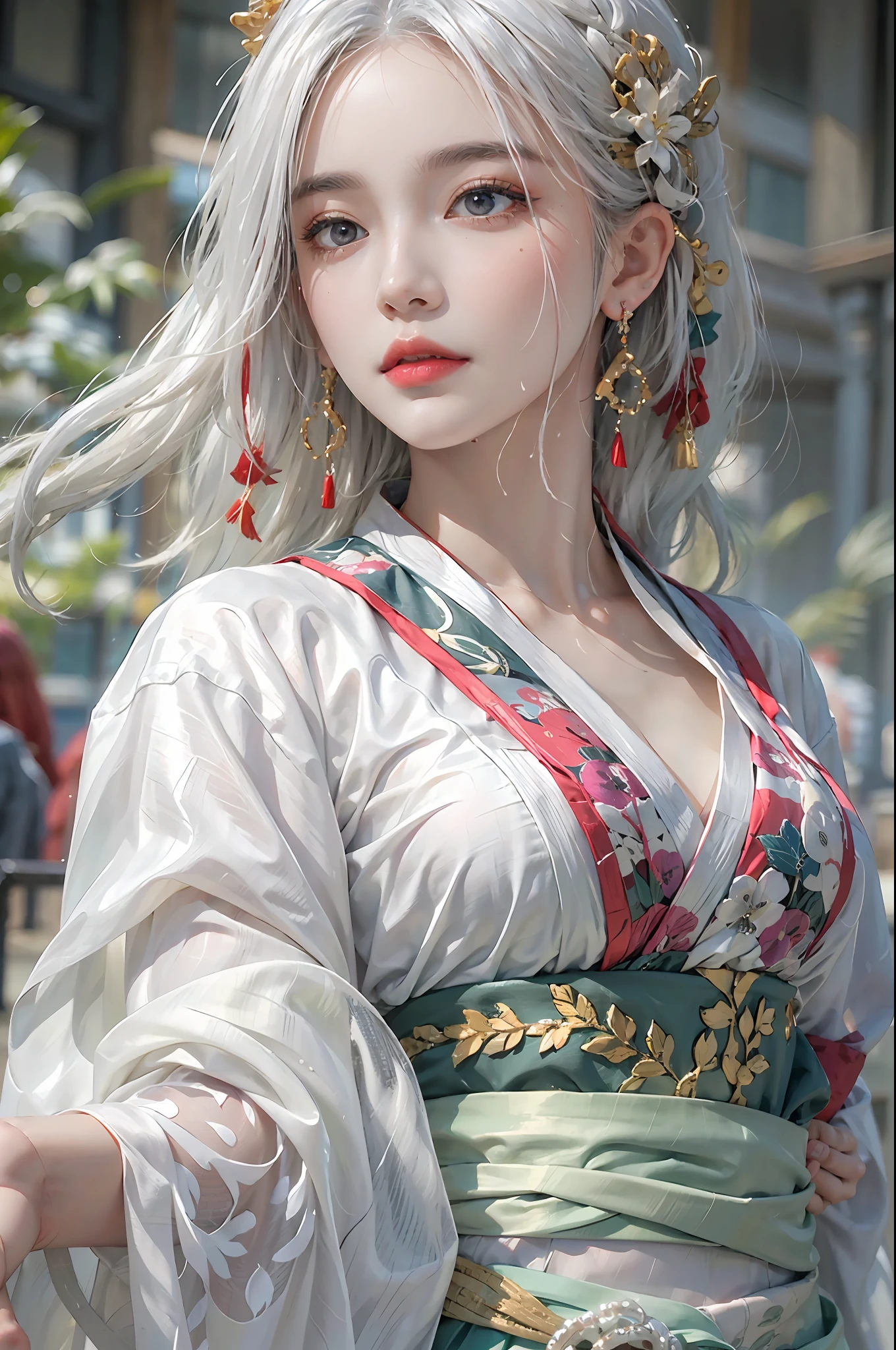 photorealistic, high resolution, colorful, color splash, splash, 1 girl, solo, hips up, beautiful eyes, white hair, medium breast, intricate brocade hanfu, gorgeous accessories, wearing pearl earrings