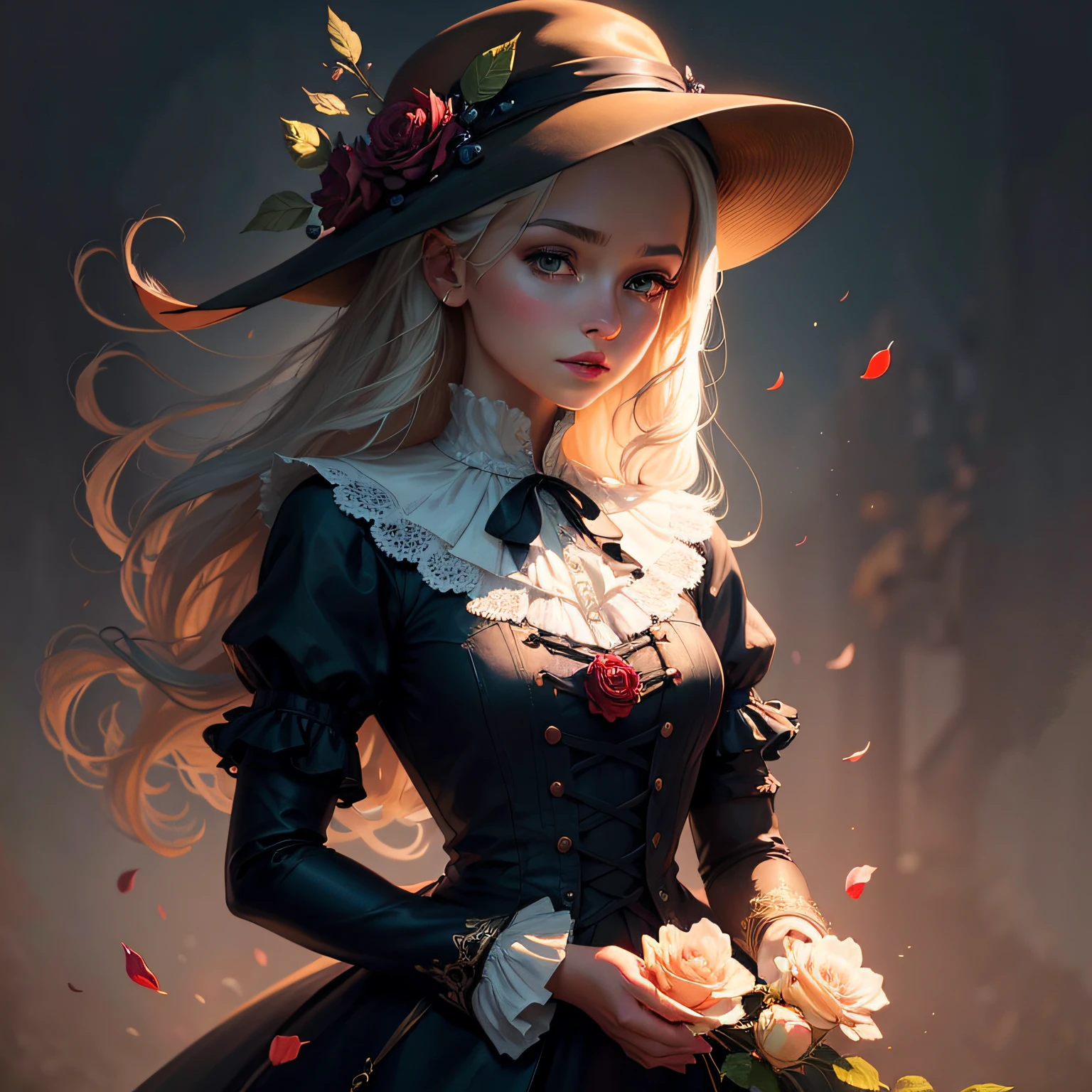 There is a woman in a dress and hat holding a rose, arte digital detalhada bonito, painting digital adorable, Beautiful digital illustration, bela arte digital, stunning digital illustration, Arte no estilo de Guweiz, 🌺 CGSetnation, pintura digital bonita, kawaii retrato realista, a beautiful artwork illustration, pintura de personagem bonita, Alexandra Fomina Artstation, arte digital bonito --auto