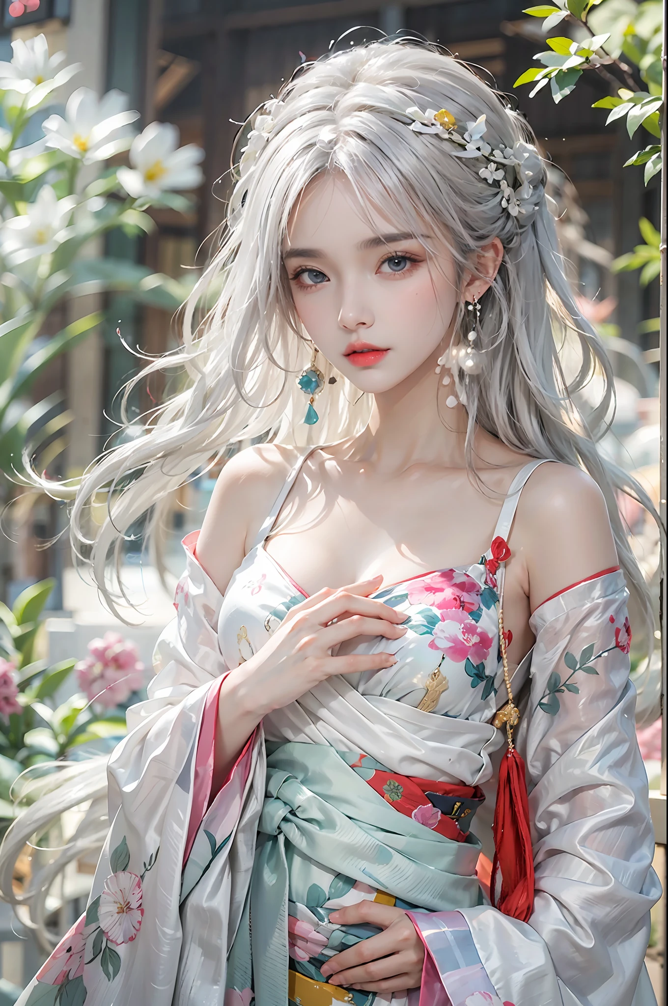 photorealistic, high resolution, colorful, color splash, splash, 1 girl, solo, hips up, beautiful eyes, white hair, medium breast, intricate brocade hanfu, gorgeous accessories, wearing pearl earrings