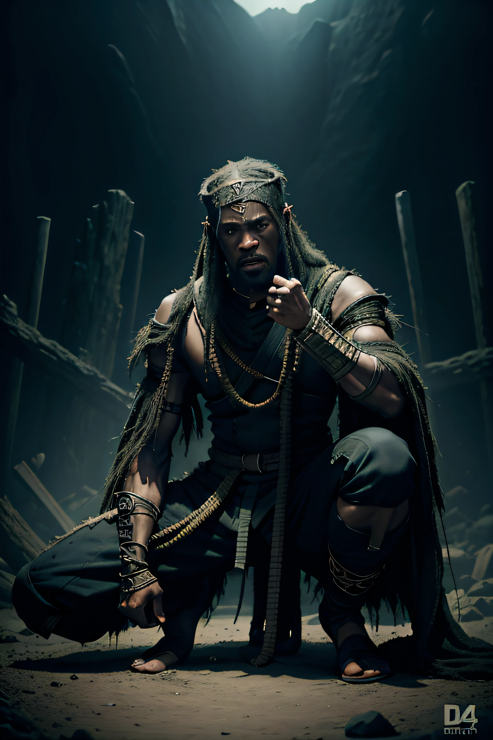 wide angle lens, full body pose, african king ninja, lord of rings design, terror, horror, looks at the camera with a haunghty look, challenging and aggresive position, sweat on the face, 8k, details high resolution, full hd, artstation, grunge light, s 10000 --v 4