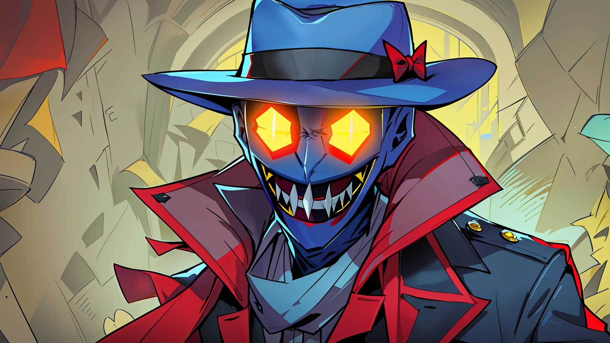 A guy who has no face, no eyes or nose, but has a mouth full of sharp teeth, he wears a blue overcoat, yellow fedora and a red scarf around his neck. Helluva boss Style, Hazbin hotel Style, his skin is flourescent blue.