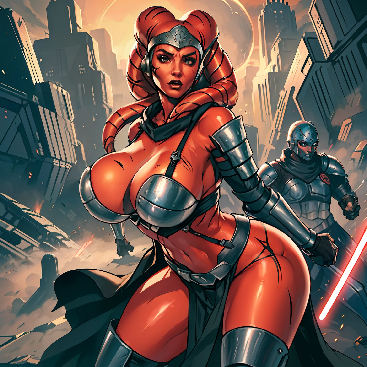 action scene, fighting, masterpiece, best quality, high-definition, armor, busty, ((red skin), twi'lek), dual red lightsabers, evil space knight, space ninja, (wearing black robes, black stealth armor, breastplate, tunic, tabard, cowl, cloak, body glove, straps, buckles, skirts, long sleeves, fantasy, ((armor))), ((busty), slender body, thin, slim sexy body, slim waist, (((huge breasts, gigantic breasts)))), Imperial starship, Star Wars,