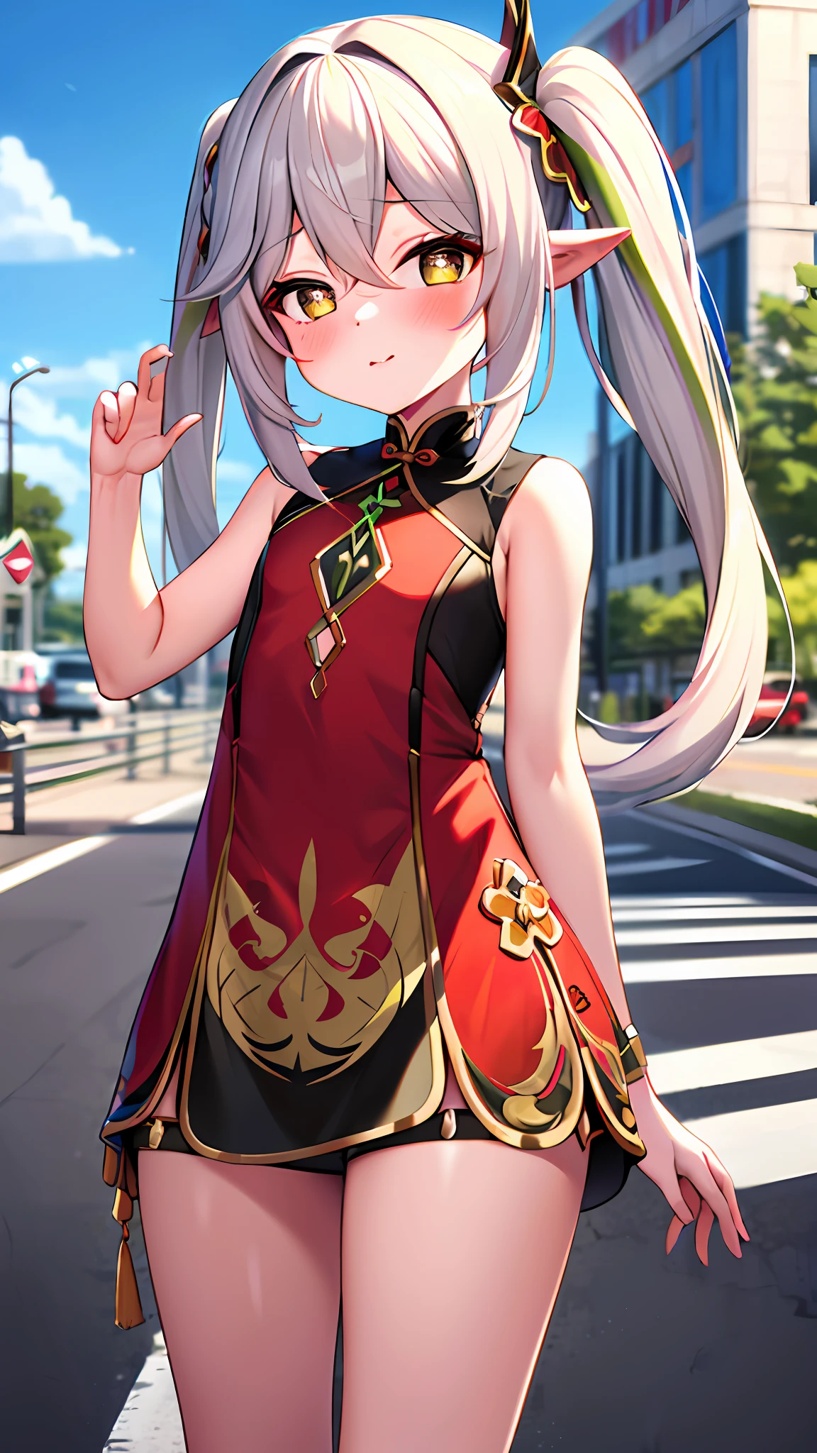 masterpiece, high res, best quality, 1girl, solo, nahida_genshin, (li), small chest, cross-shaped pupils, twintail, red chinese dress, red qipao, stocking, standing, outdoor, cityroad, on the road, cowboy shot, sexy pose, blush, sfw, (safe for work),