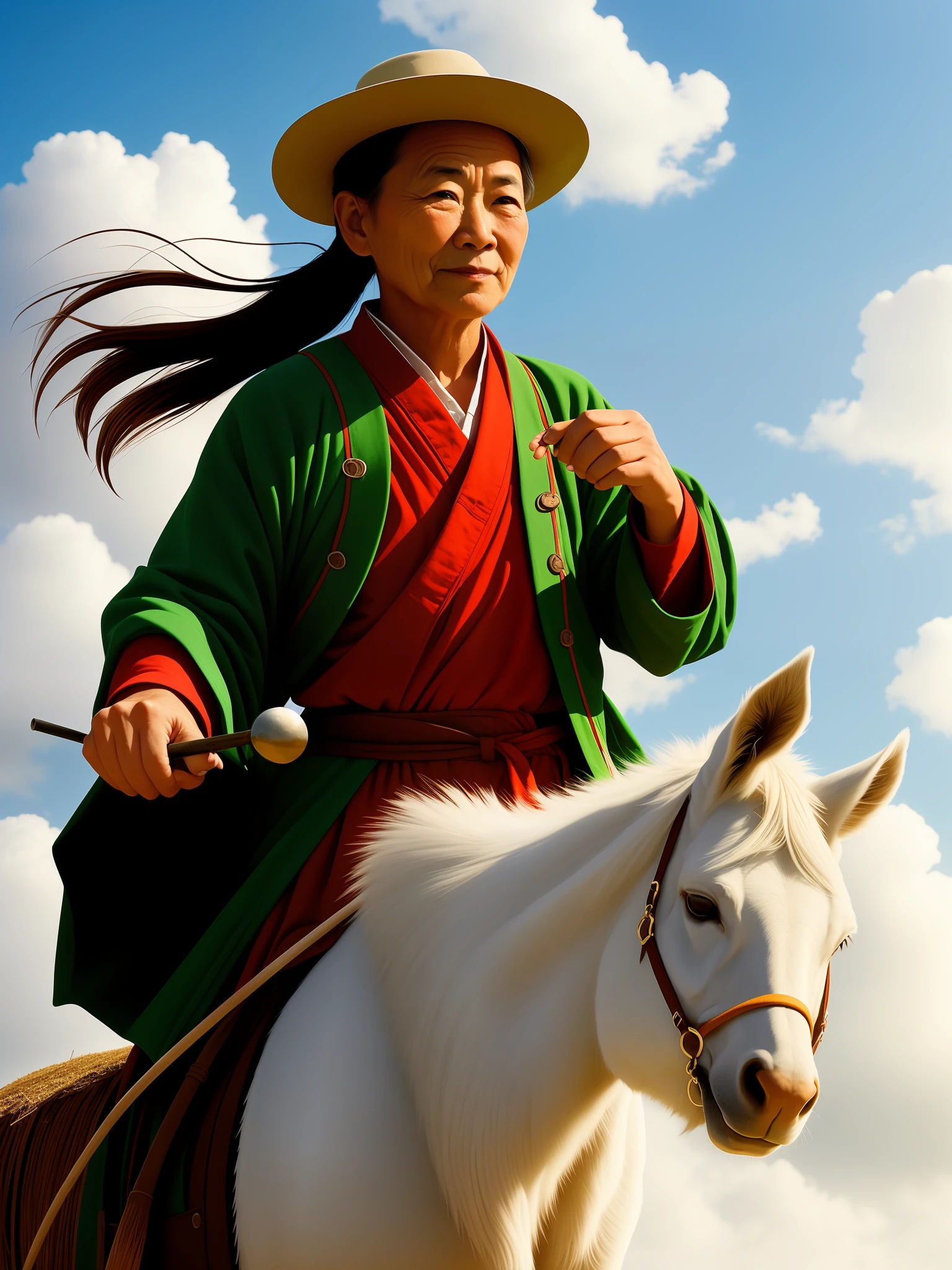 An old farmer carrying a flat burden, walking on the winding path of the countryside, big clouds, blue sky, rice fields, neat rice seedlings in the field, forest, hillside, secluded, countryside, HD detail, hyper-detail, cinematic, surrealism, soft light, deep field focus bokeh, ray tracing and surrealism. --v6