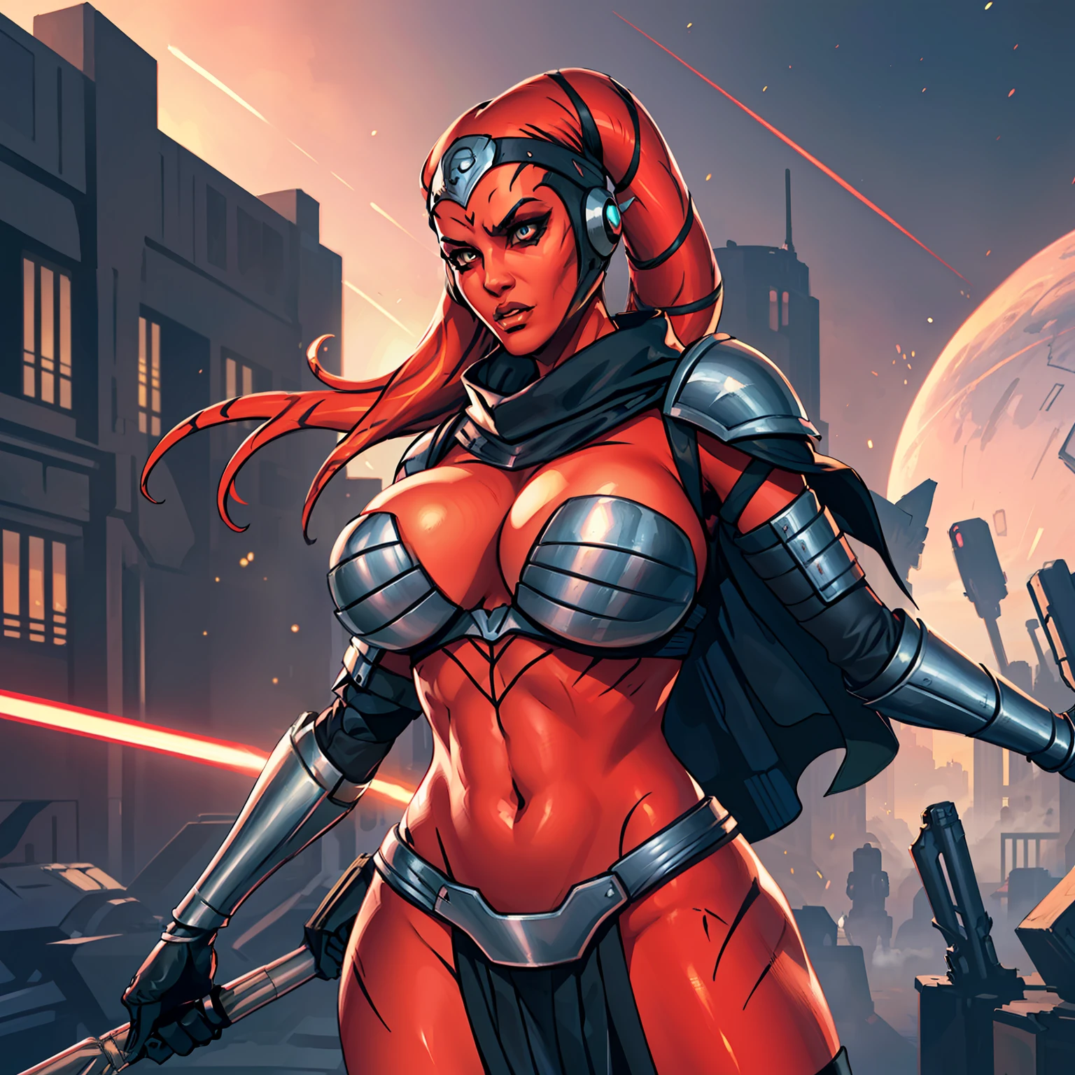 action scene, fighting, masterpiece, best quality, high-definition, armor, busty, ((red skin), twi'lek), dual red lightsabers, evil space knight, space ninja, (wearing black robes, black stealth armor, breastplate, tunic, tabard, cowl, cloak, body glove, straps, buckles, skirts, long sleeves, fantasy, ((armor))), ((busty), slender body, thin, slim sexy body, slim waist, (((huge breasts, gigantic breasts)))), Imperial starship, Star Wars,