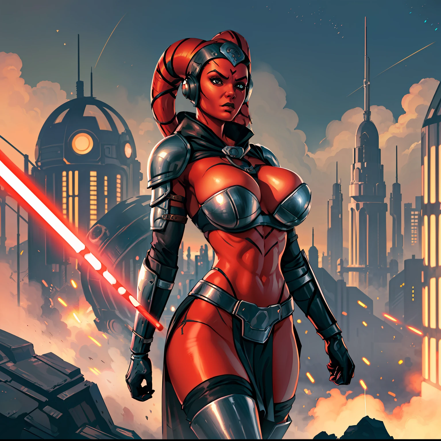 action scene, fighting, lasers, explosions, jumping, masterpiece, best quality, high-definition, armor, busty, ((red skin), twi'lek), dual red lightsabers, evil space knight, space ninja, (wearing black robes, black stealth armor, breastplate, tunic, tabard, cowl, cloak, body glove, straps, buckles, skirts, long sleeves, fantasy, ((armor))), ((busty), slender body, thin, slim sexy body, slim waist, (((huge breasts, gigantic breasts)))), Imperial starship, Star Wars,