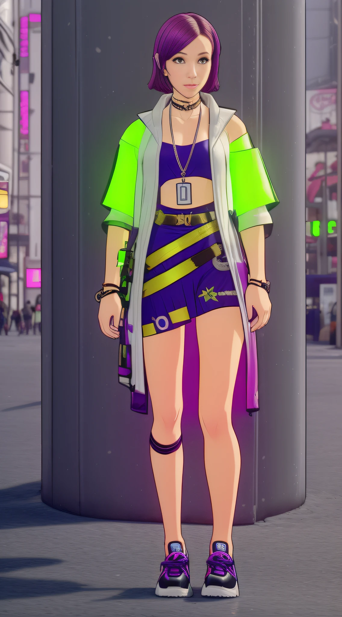 Cyberpunk Girl wearing a phosphorescent yellow green clothes and sneakers