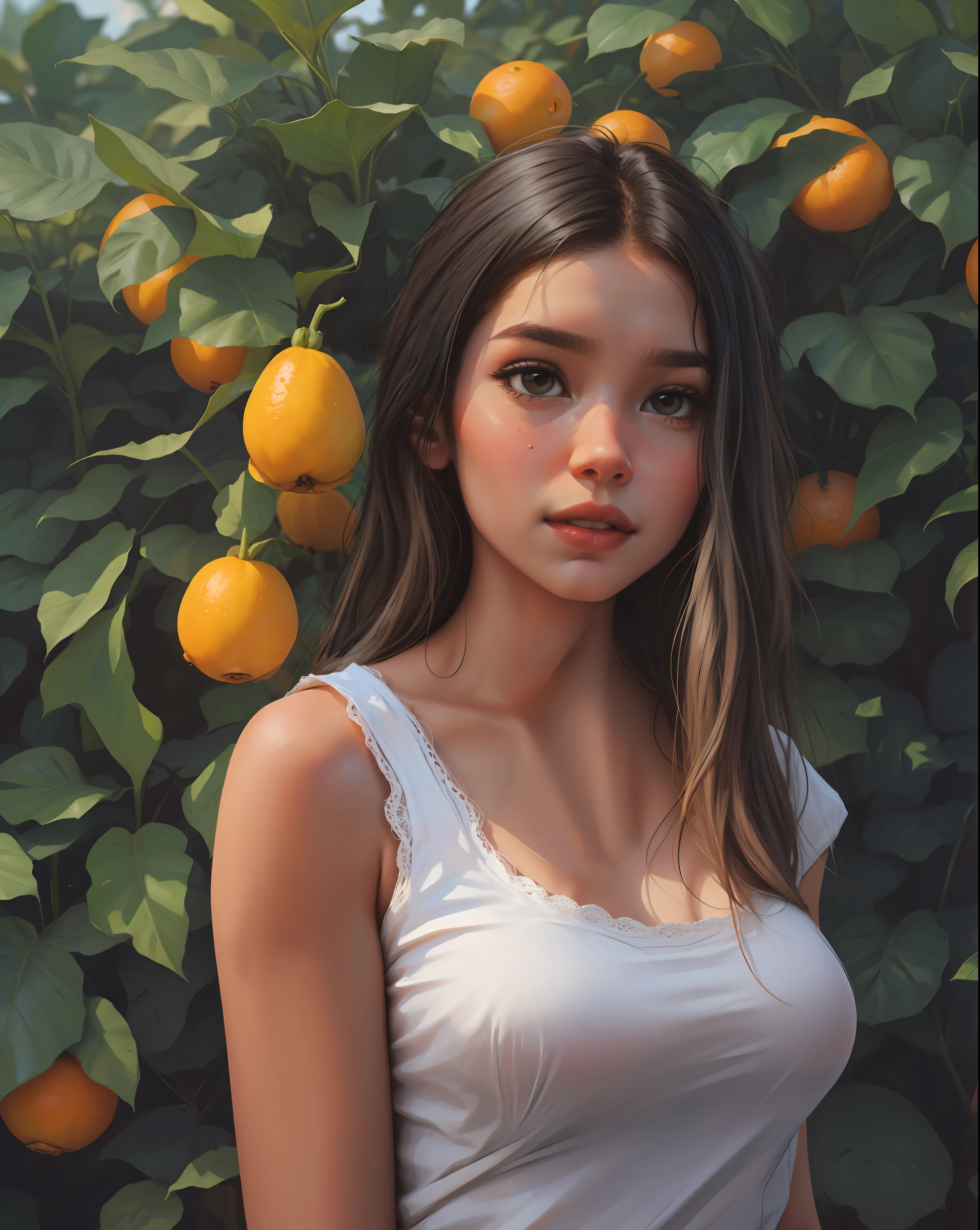 A girl with black hairs, wearing white cotton armless cloth, orange plant background, sunshine pour on her face.