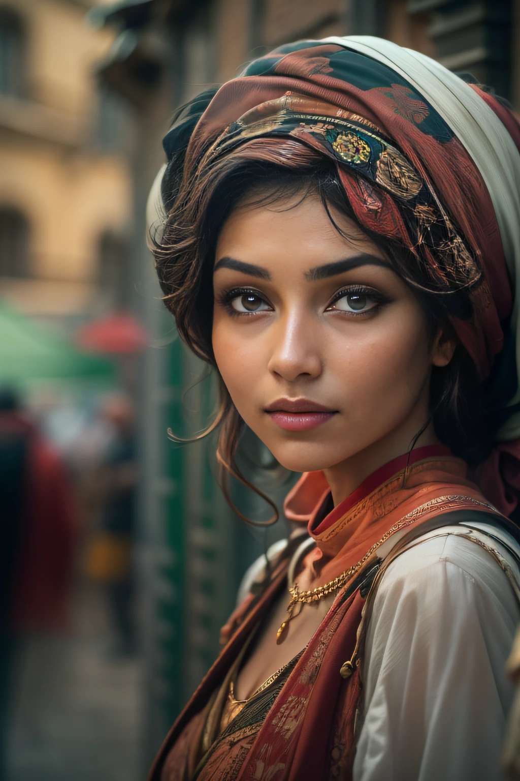 A beautiful woman,orientalisch wirkende frau,orientalisch gekleidet,Beautiful woman in the foreground,stadt weit im hintergrund,Beautiful woman looks at the camera,vor schwarzem hintergrund,blur