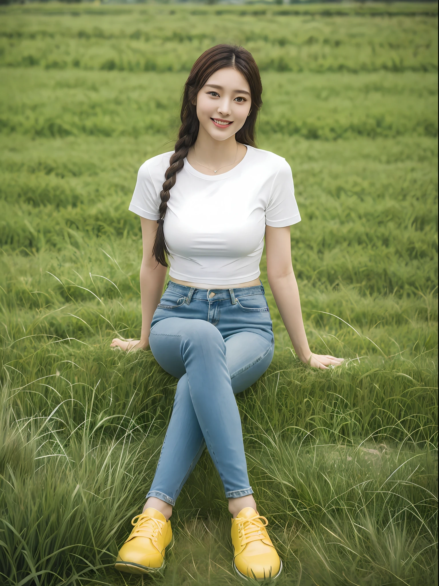 ((Best picture quality, 8K, tmasterpiece:1.3)),((1个Giant Breast Girl)),A small braid,Ultra-fine face,A detailed eye,ssmile,Small chest,Slender abs,Legs are very thin and long,The butt is upturned,((Yellow T-shirt,Black skinny jeans,Black leather shoes,Green wheat field in background)),