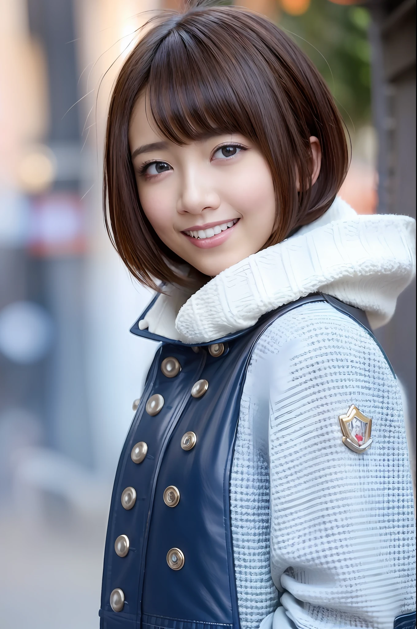 best quality, photorealistic, 8k, high res, perfect lighting, gorgeous, masterpiece, realistic, closeup portrait,
1girl, piercing eyes, wearing a blue parka, medium breasts, bob cut, looking at viewer, kind smile, outdoors, in a city,