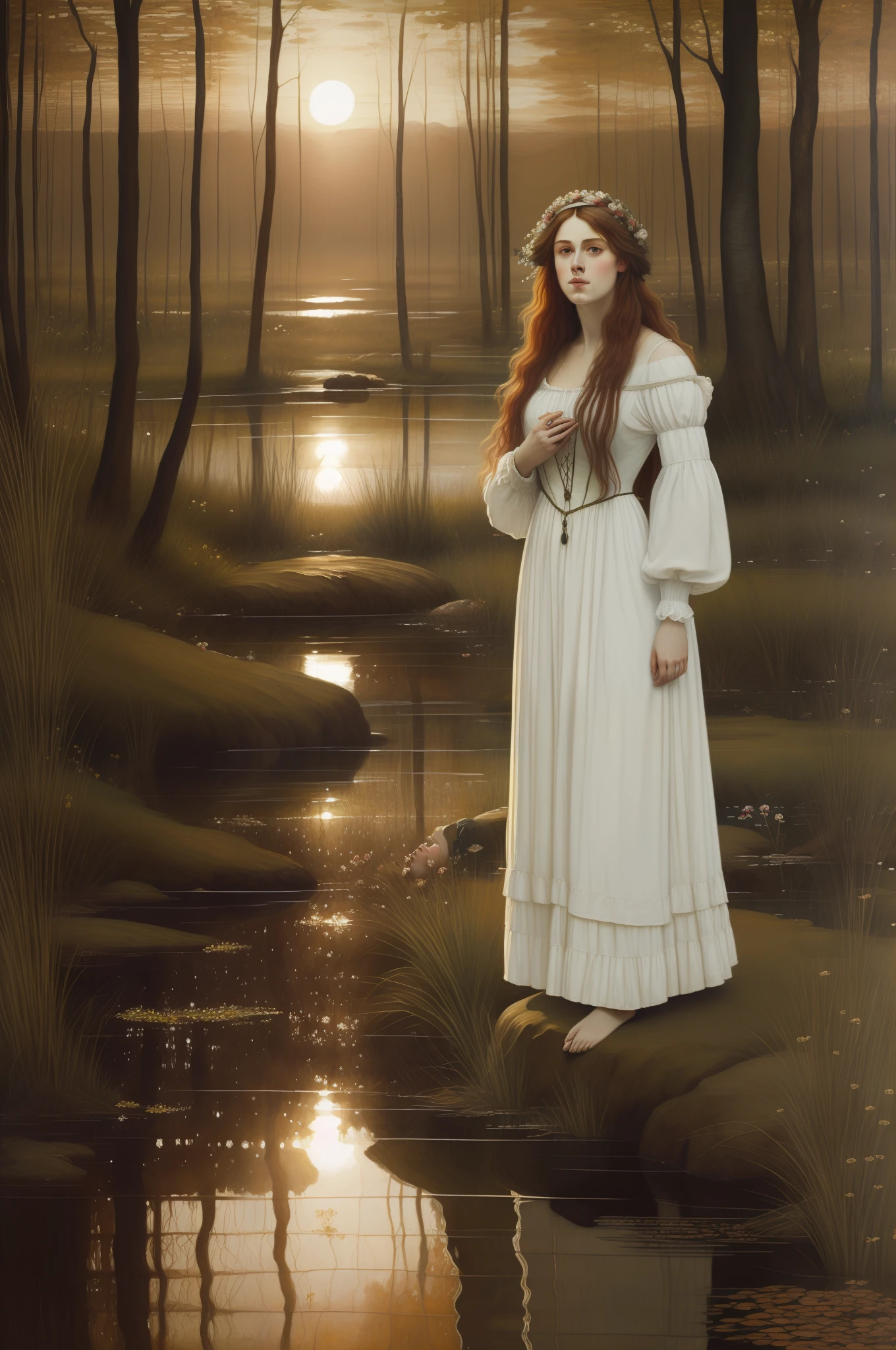 (((Pre-Raphaelite painting))), Portrait of a dead Celtic woman in a floating swamp, salgueiro, salgueiro choroso emaranhado, sun sunset, paisagem celta, Ophelia, Flowing white clothes, "caveiras e morte"