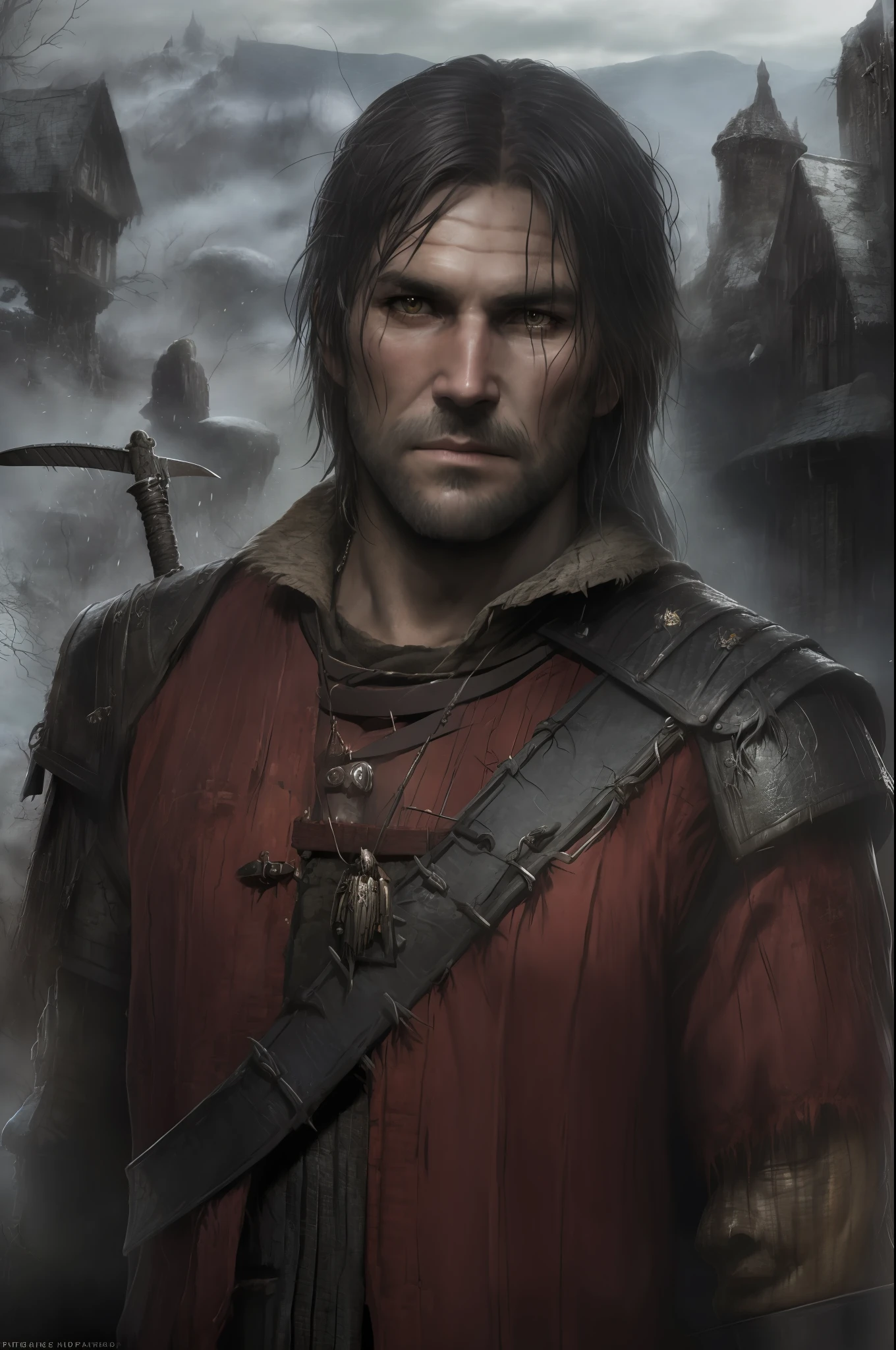 An actor Clive Standen as the Witcher with long black hair, with a sword and a cape, he has a red scar on his face, the witcher concept art, epic portrait of menacing, character portrait art, painted character portrait, detailed character portrait, character art portrait, fantasy genre portrait, fantasy character portrait, character - portrait, epic character portrait, rpg portrait concept art,  The witcher 3, realistically, dynamic lights, old, full footage, (extremely detailed 8k wallpaper of CG unit), trend in ArtStation, trend in CGSociety, high detail, sharp focus, dramatic, photorealistic