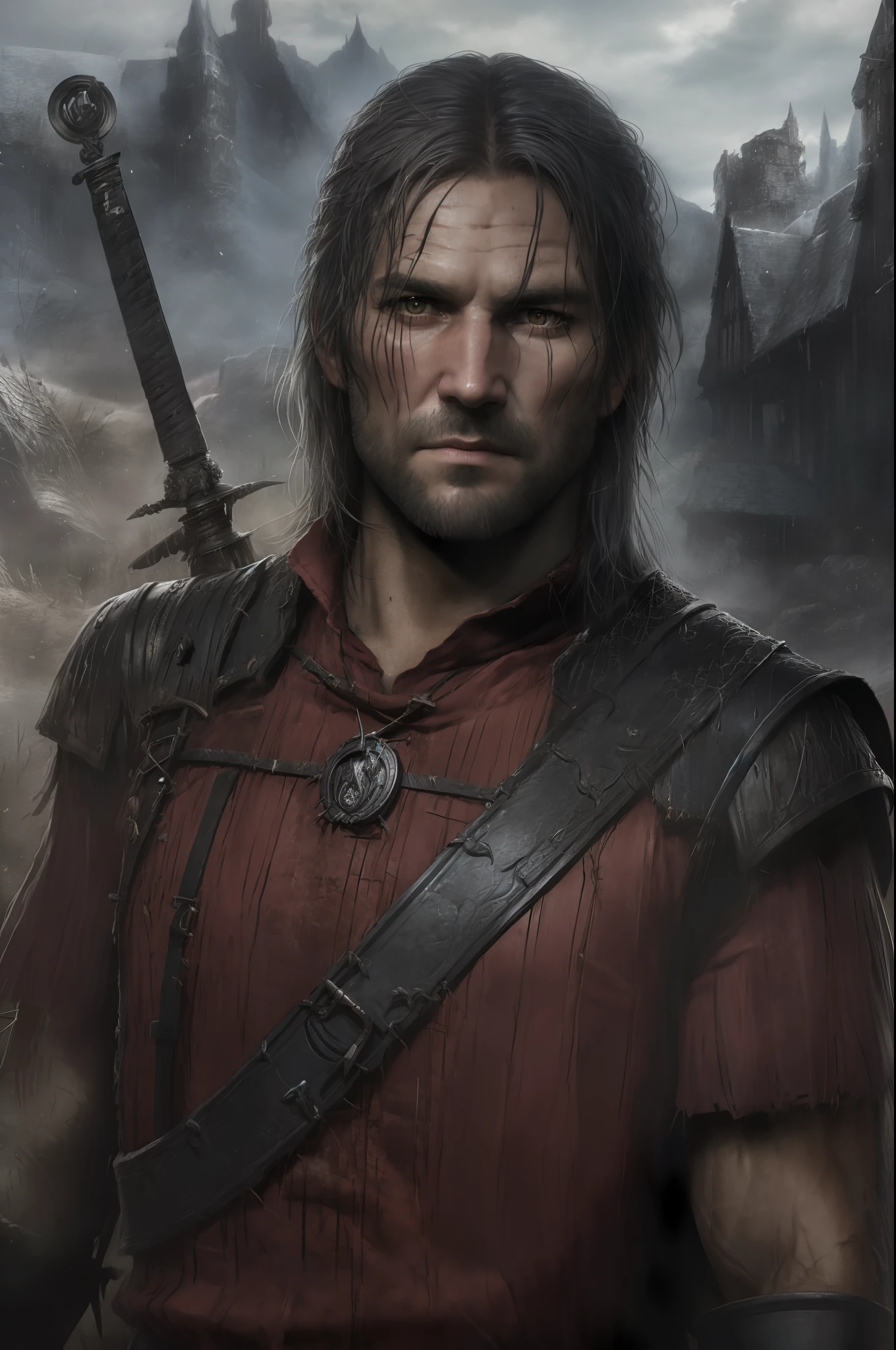 An actor Clive Standen as the Witcher with long black hair, with a sword and a cape, he has a red scar on his face, the witcher concept art, epic portrait of menacing, character portrait art, painted character portrait, detailed character portrait, character art portrait, fantasy genre portrait, fantasy character portrait, character - portrait, epic character portrait, rpg portrait concept art,  The witcher 3, realistically, dynamic lights, old, full footage, (extremely detailed 8k wallpaper of CG unit), trend in ArtStation, trend in CGSociety, high detail, sharp focus, dramatic, photorealistic