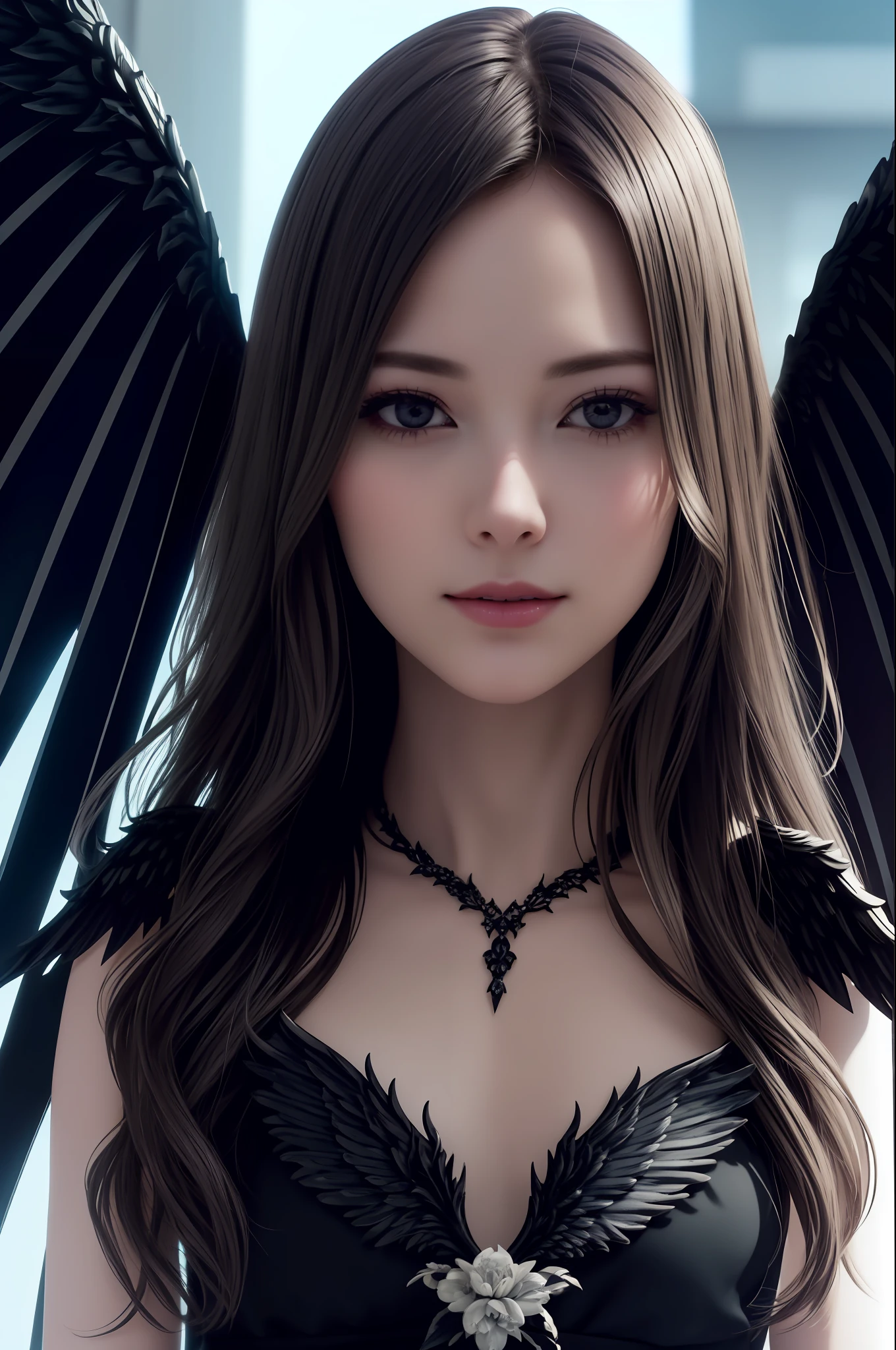 maiyan,(extremely detailed CG unity 8k wallpaper,masterpiece, best quality, ultra-detailed, beautiful detailed eyes:1.2),best illumination,dark night,moonlight,(best shadow, an extremely delicate and beautiful, bloom), ((a dark angel,hair ornamen,dark eyes,long hair,angel wings,black wings)),smirk,oversized wings,(big wings:1.4),dramatic,cinematic,Film filter,