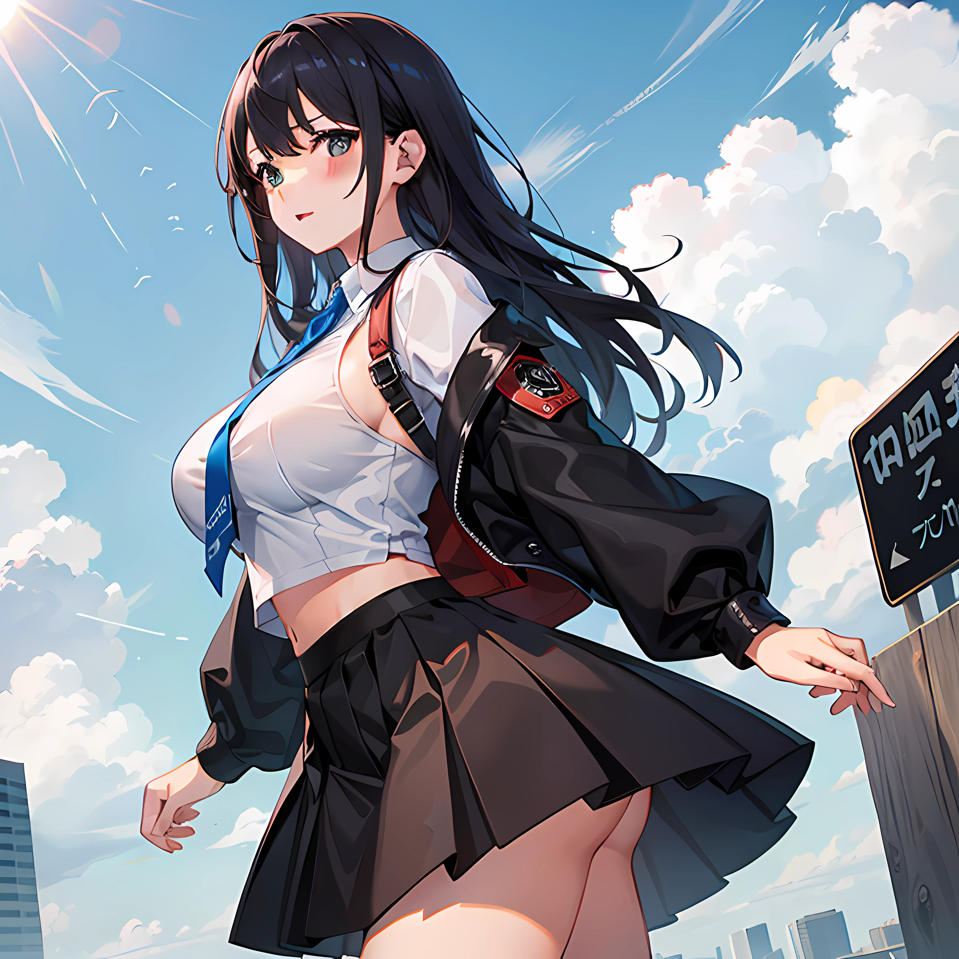 1girl,three_sided_view,best_quality,highres,skirt,large_breasts,