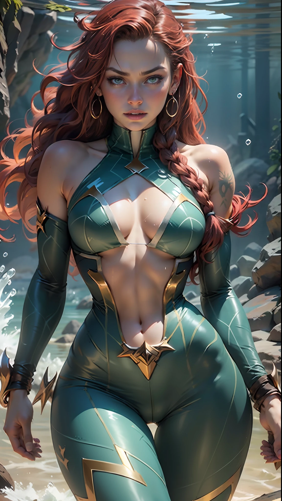 Beutiful women,The body is defined in detail using the Aquaman heroine Mera roleplay,Plain blue tights,blue corset,serious-expression,C cup,drenched all over the body,Particularly thin waist,Particularly thin legs,The legs are thinner,perfect bodies,Deep under the sea,spreads her legs apart,Close-up of the back,Close-up of genitals