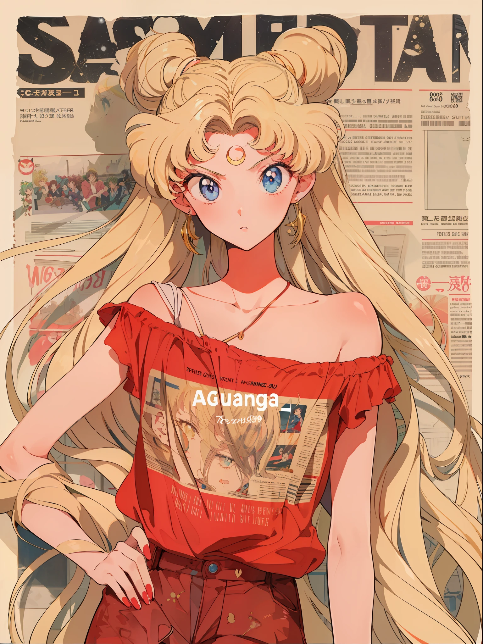 Close-up of a woman with long blonde hair in a red blouse, Retro anime girl, Sailor Moon!!!!!!!!, Sailor Moon style, 8 0 s anime art style, sailor moon aesthetic, anime vintage colors, 9 0 s anime art style, the sailor moon. Beautiful, 8 0 s anime style, 8 0 s anime vibe, author:the sailor moon
