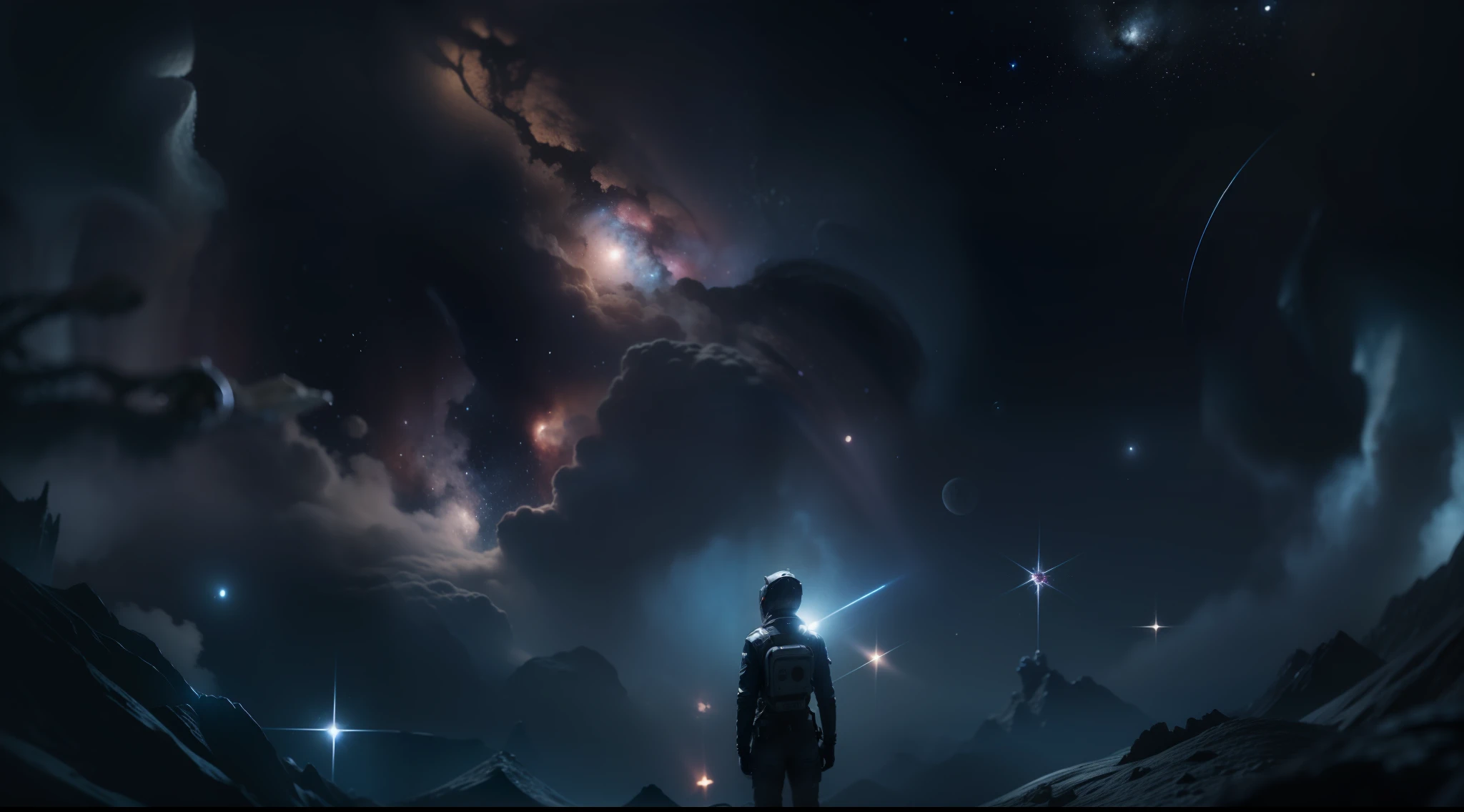 Immerse us in the chilling depths of space, where darkness reigns supreme. Create hauntingly dark and mysterious images of the cosmos, where distant stars flicker like distant memories amidst an inky void. Let the emptiness of space stretch endlessly, punctuated only by the dim glow of faraway celestial bodies. Utilize AI to evoke a sense of cosmic isolation, where the vastness of the universe becomes a canvas of deep shadows and enigmatic obscurity. Very realistic, Photography, One-person viewpoint, Super Detail, high detailing, High quality, in 8K