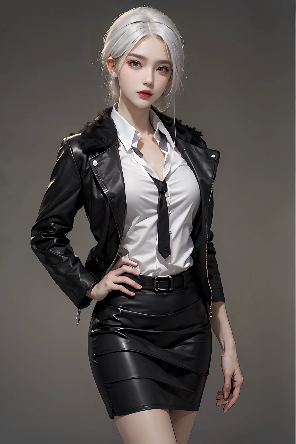 photorealistic, high resolution, 1 women, solo, hips up, beautiful eyes, white hair, ringed eyes, collared shirt,black necktie,black skirt, pencil skirt, fur coat