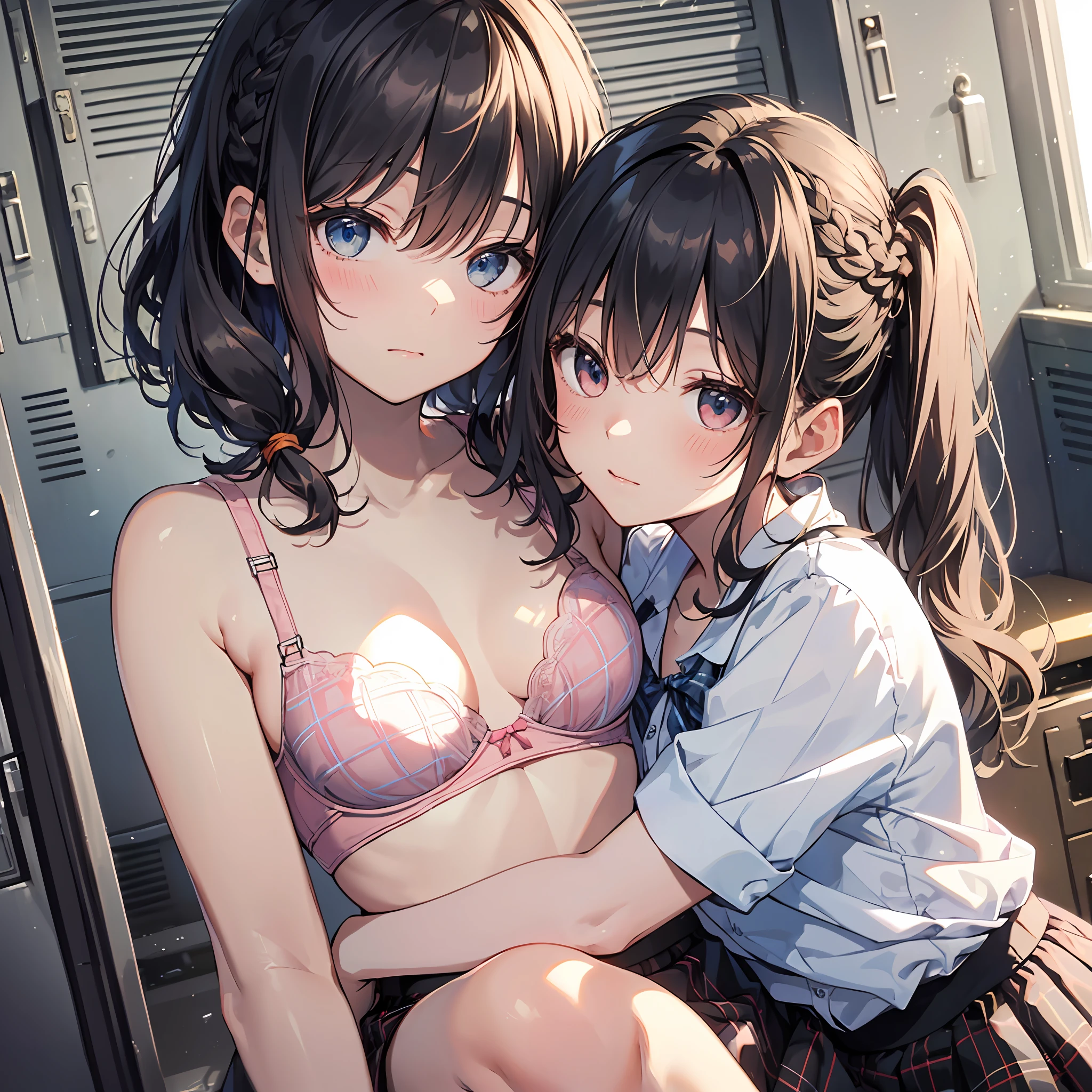 (Highest quality illustrations:1.2), (kawaii girl:1.1), (1girl in, 独奏:1), (2girls、8years old、Lori、Gamine、A tiny、kawaii、cute little、tiny chest、ultradetailed eyes:1.2)、(Yuri、the kiss、hug from behind、Grabbing the、Eyes half closed、eyecontact:1.3)、(perspiring、Hugged、red blush:1.1)、 BREAK White Bra、Pink Bra、Blue Bra、Green Bra、Greybra、Light grey bra、 striped bra、Polka dot bra、Plaid bra、Cute Bra、Kids Bra、Sportsbra、camisole、cotton panties、school skirt、Blake black hair、Blue-haired、Brown hair、extra very short hair、shorth hair、middle hair、length hair、hair wavy、curlyhair、Light pink and braided hair、hime-cut、bob cuts、Twin-tailed、low twintails、poneyTail、Low ponytail in light blue、break(Locker Room:1.2)、(evening、evening、Orange Sunlight:1.2)、 BREAK(top-quality、ultra-detailliert、highly detailed and beautiful、超A high resolution、Detailed arm:1.2)、nsfw　Beautiful pool