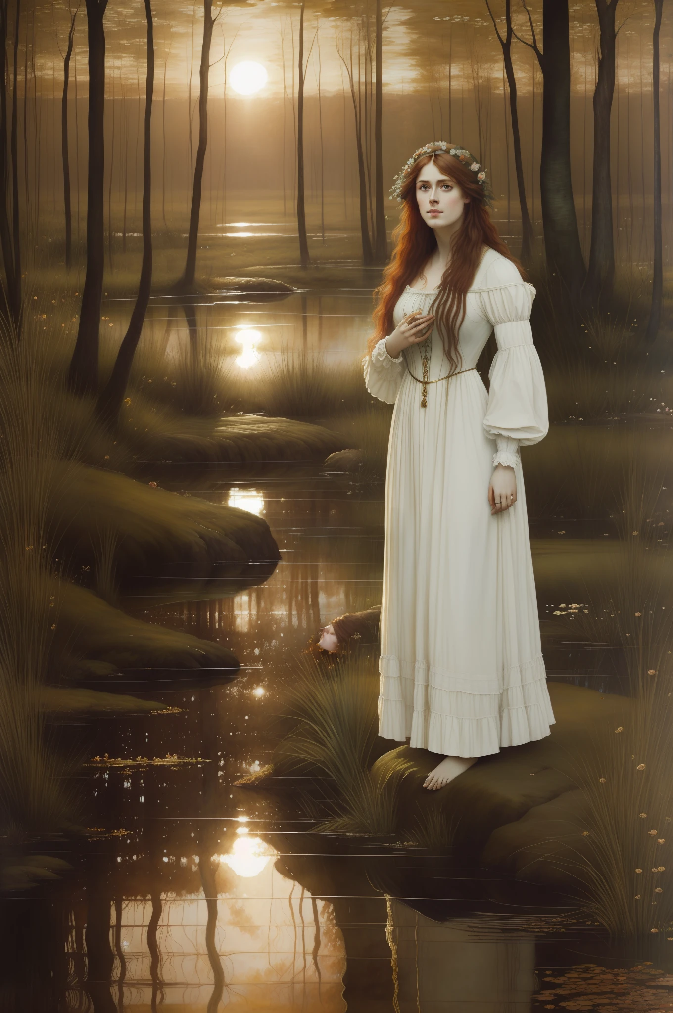 (((Pre-Raphaelite painting))), Portrait of a dead Celtic woman in a floating swamp, salgueiro, salgueiro choroso emaranhado, sun sunset, paisagem celta, Ophelia, Flowing white clothes, holds a golden chalice and a magic wand"