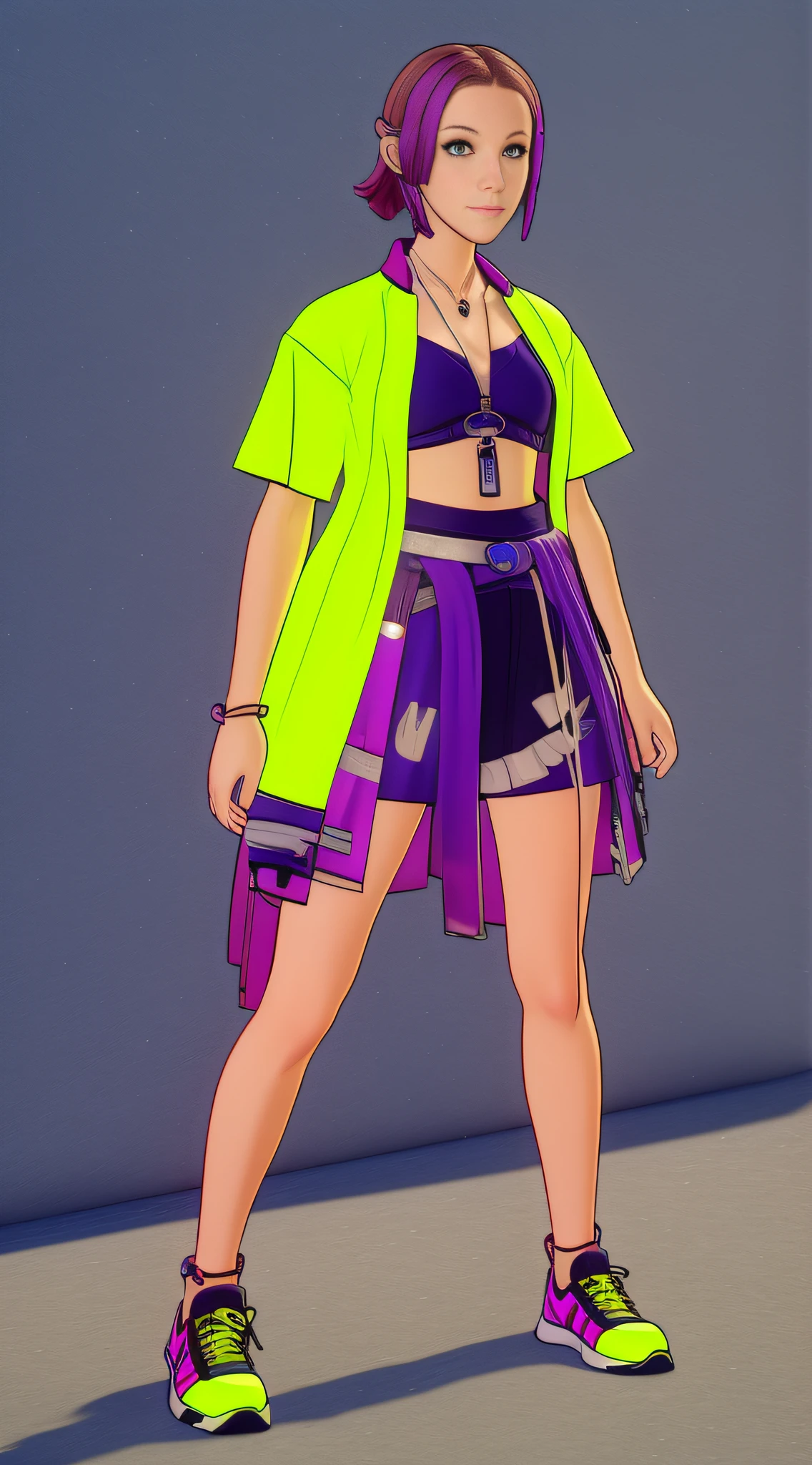 Cyberpunk Girl wearing a phosphorescent yellow green clothes and sneakers