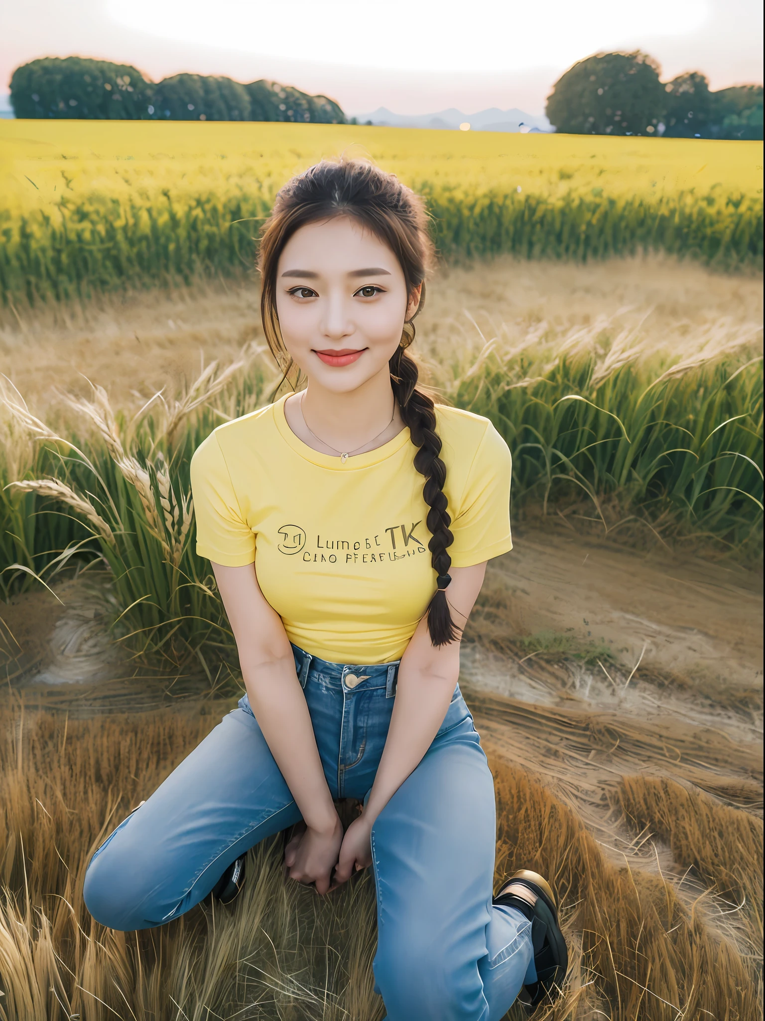 ((Best picture quality, 8K, tmasterpiece:1.3)),((1个Giant Breast Girl)),A small braid,Ultra-fine face,A detailed eye,ssmile,Small chest,Slender abs,The butt is upturned,((Yellow T-shirt,Black skinny denim trousers,Black leather shoes,Green wheat fields in the background)),