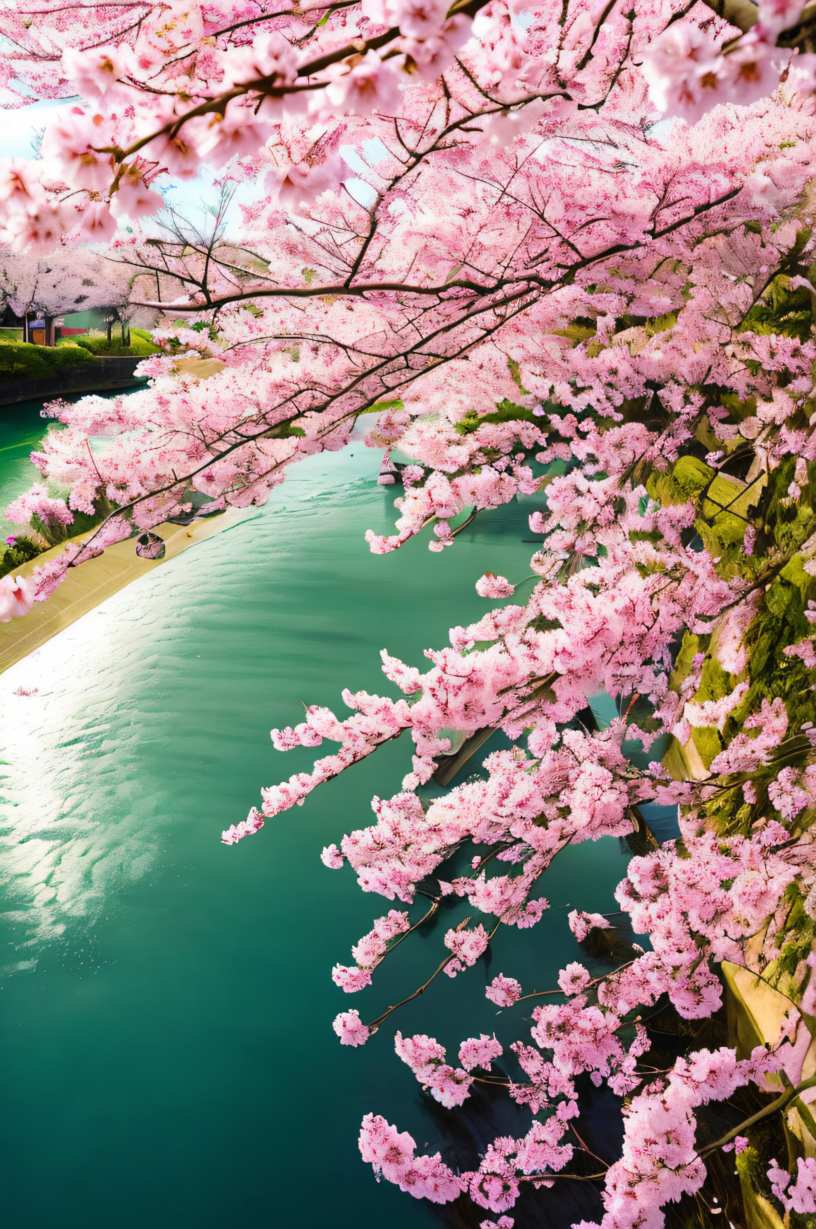 There is a river with bridges and bunches of flowers, sakura trees in the background, sakura bloomimg, lots of sakura flowers, flowing sakura-colored silk, sakura blooming on background, flowing sakura silk, sakura season, cherryblossom, blossom sakura, cherryblossom, under a cherry blossom tree, green grass々and cherry blossoms, cherry blossom, cherryblossom, The cherry tree, lush sakura trees