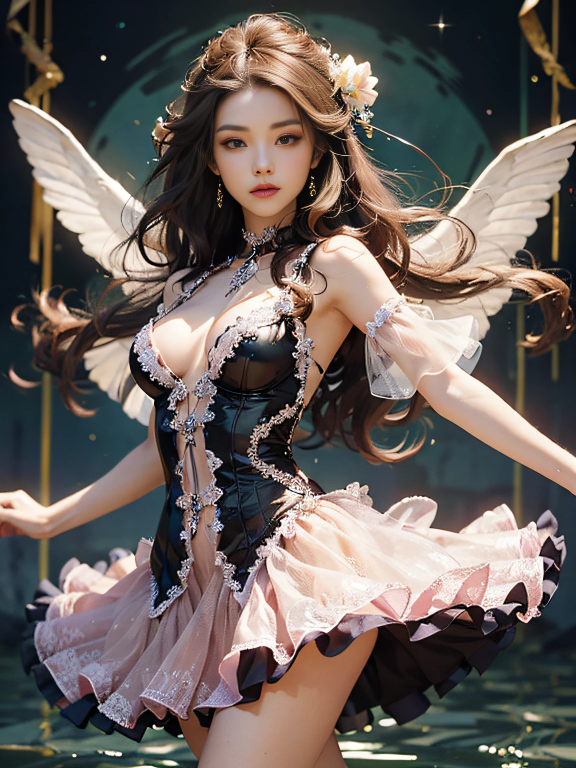 (master part:1.3),(best quality:1.2),8k,absurdos,(extremamente detalhado:1.3),Highestres,Dancing, 1girl, sozinho, cabelos longos, brown hair, cabelos pretos, vestir, bareshoulders, corpo inteiro, olhos fechados, Sombra,(Ethereal:1.4),floating,(vestido longo flutuante:1.3)
