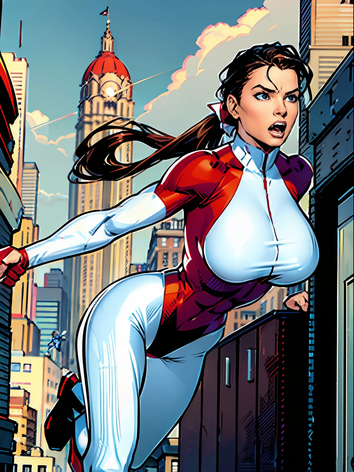 action scene, running, dynamic action, masterpiece, high quality, dynamic action, high definition, Stretcher comic book woman, elasticity, long hair, huge ponytail, athletic, toned, thin, womanly, rubbery, elastic woman, ((white and red spandex)), rubber body, brunette, ((huge breasts)), city street, daytime, heroic, cheerful,