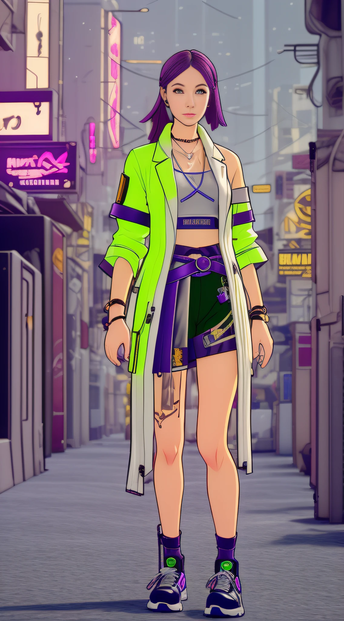 Cyberpunk Girl wearing a phosphorescent yellow green clothes and sneakers