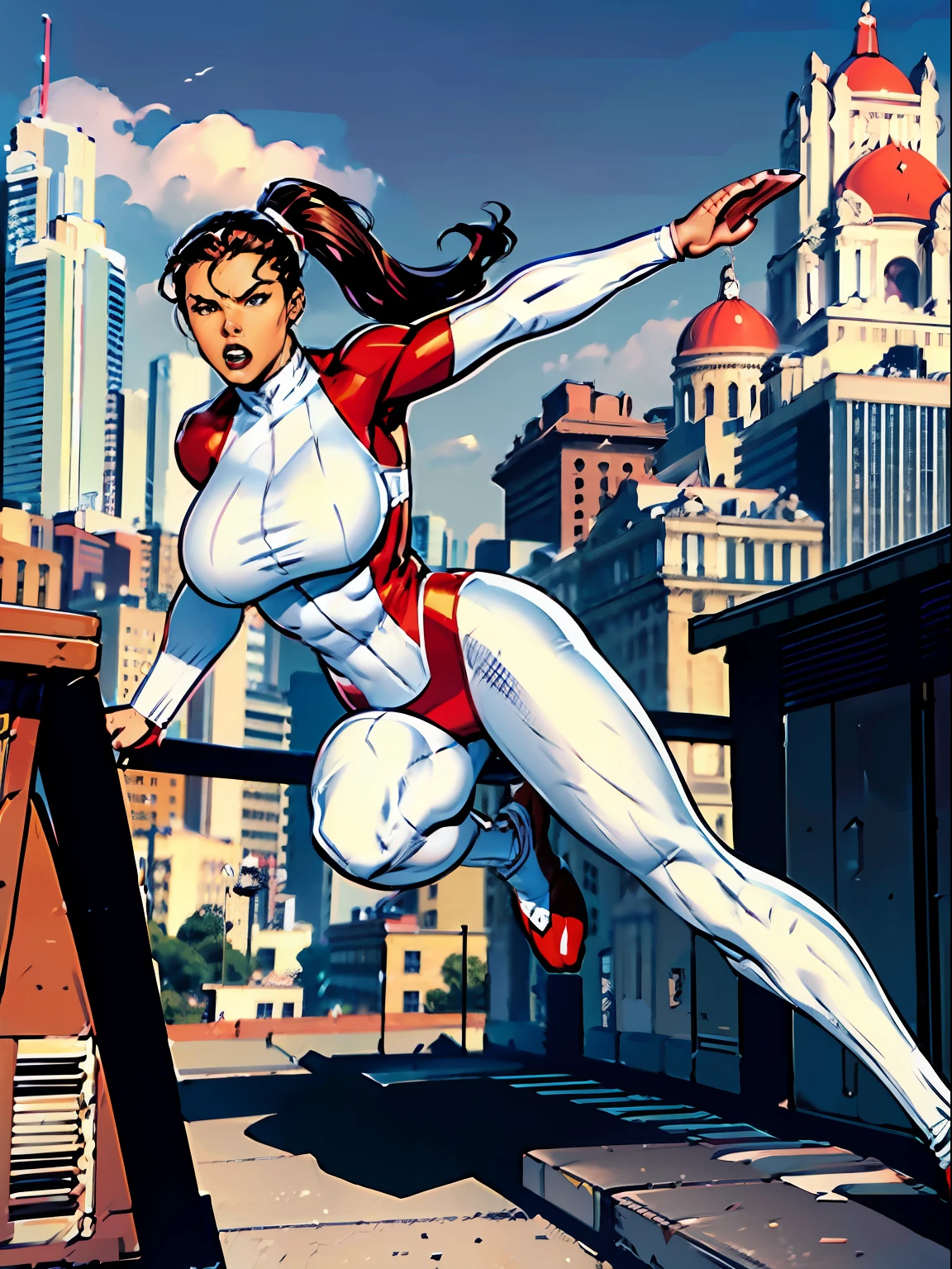 action scene, running, dynamic action, masterpiece, high quality, dynamic action, high definition, Stretcher comic book woman, elasticity, long hair, huge ponytail, athletic, toned, thin, womanly, rubbery, elastic woman, ((white and red spandex)), rubber body, brunette, ((huge breasts)), city street, daytime, heroic, cheerful,