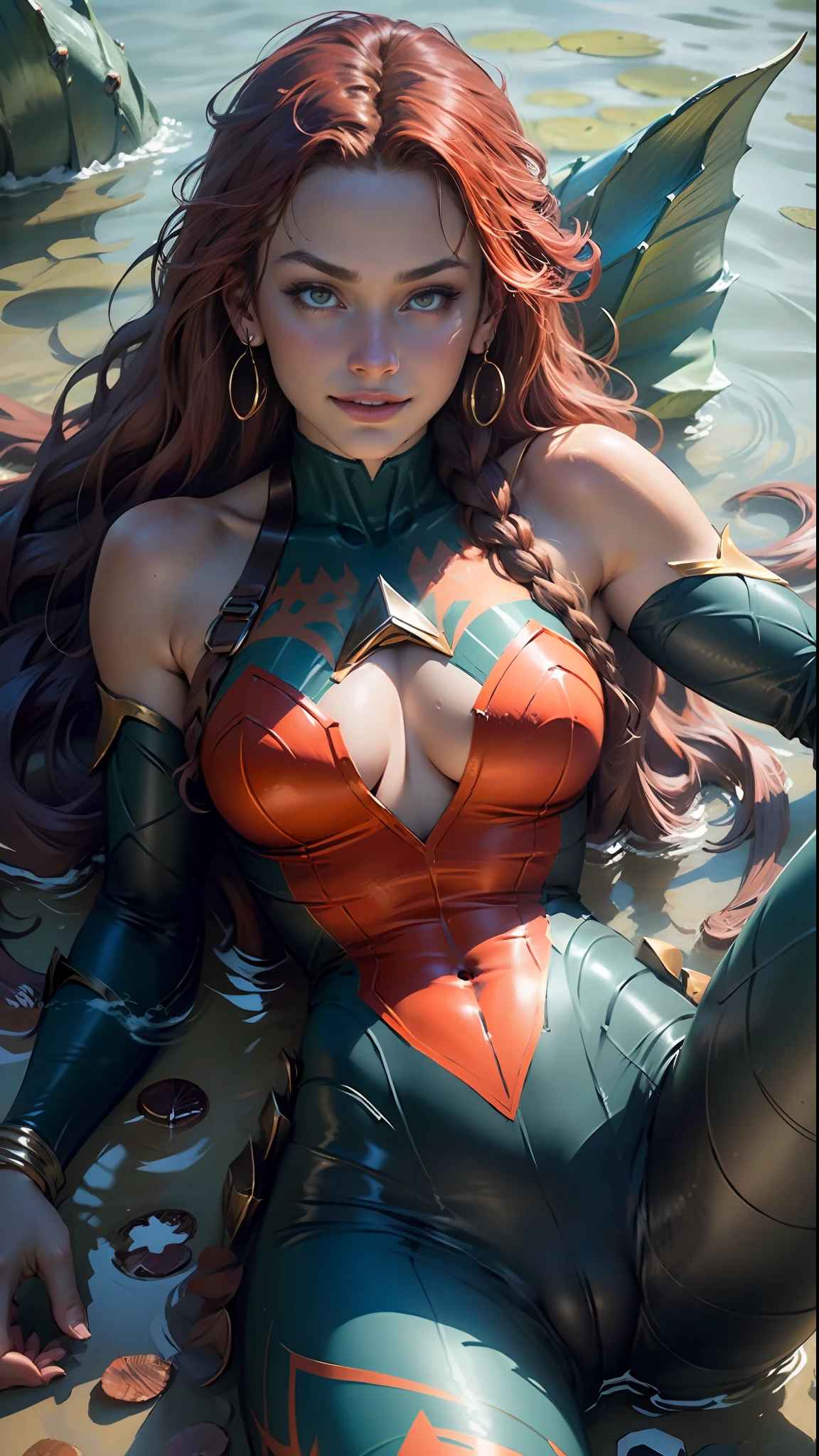 Beautiful woman with a body defined in detail using Aquaman heroine Mera cosplay，Amber.Hilde，blue skinsuit，ssmile，hunger，C cup，The legs are thinner，Deep under the sea，spreads her legs apart，Close-up of 