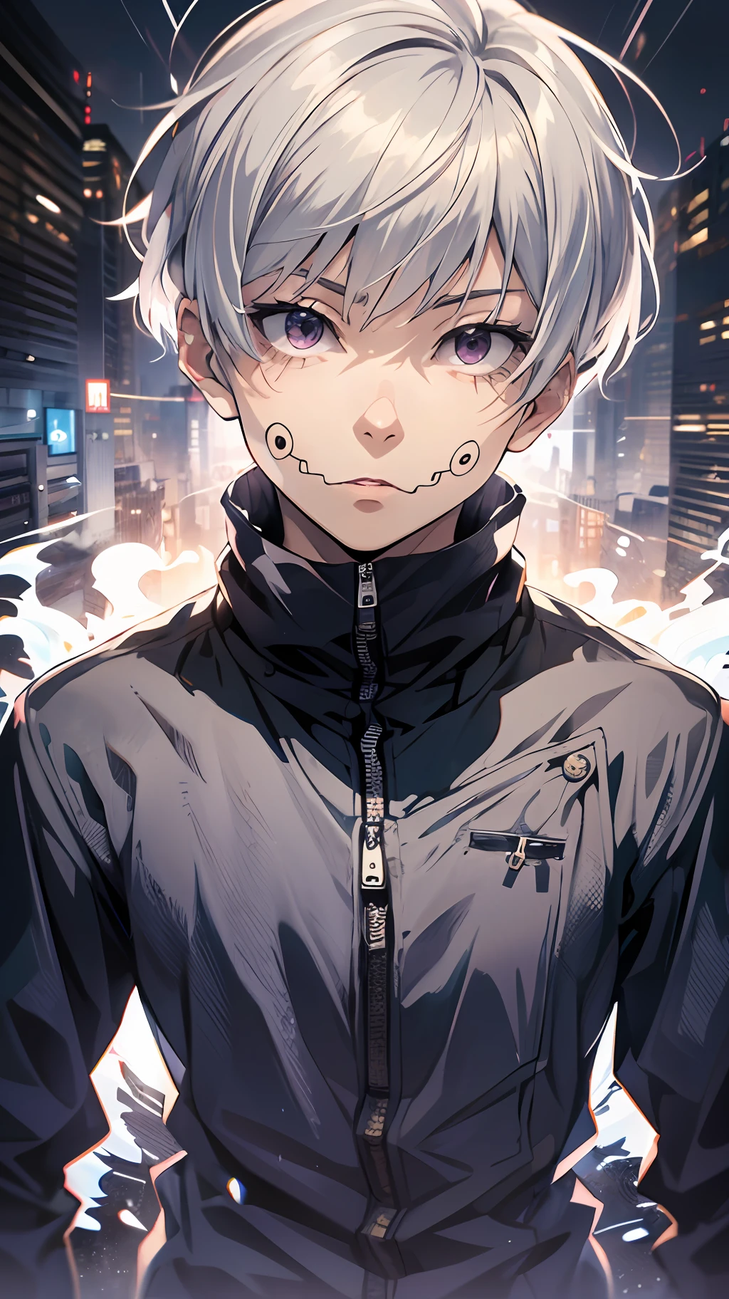 (absurdres, highres, ultra detailed, HDR), masterpiece, best quality, 1man, solo, handsome, short hair, inumaki toge, facial tattoo, white hair, black jacket, jeans, closed mouth, swirl, vortex
