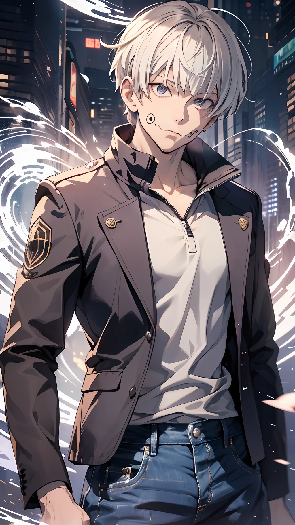 (absurdres, highres, ultra detailed, HDR), masterpiece, best quality, 1man, solo, handsome, short hair, inumaki toge, facial tattoo, white hair, black jacket, jeans, closed mouth, swirl, vortex