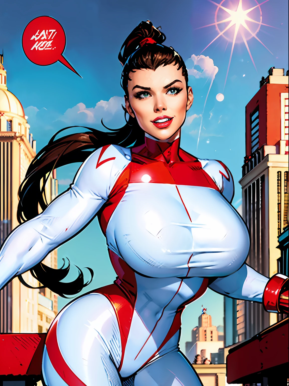 Stretcher comic book woman, happy, smiling, long hair, huge ponytail, slim, thin, athletic, womanly, rubbery, elastic woman, white and red spandex, rubber body, brunette, ((huge breasts)), city street, daytime, heroic, cheerful, bold nose, hawkish features, green eyes