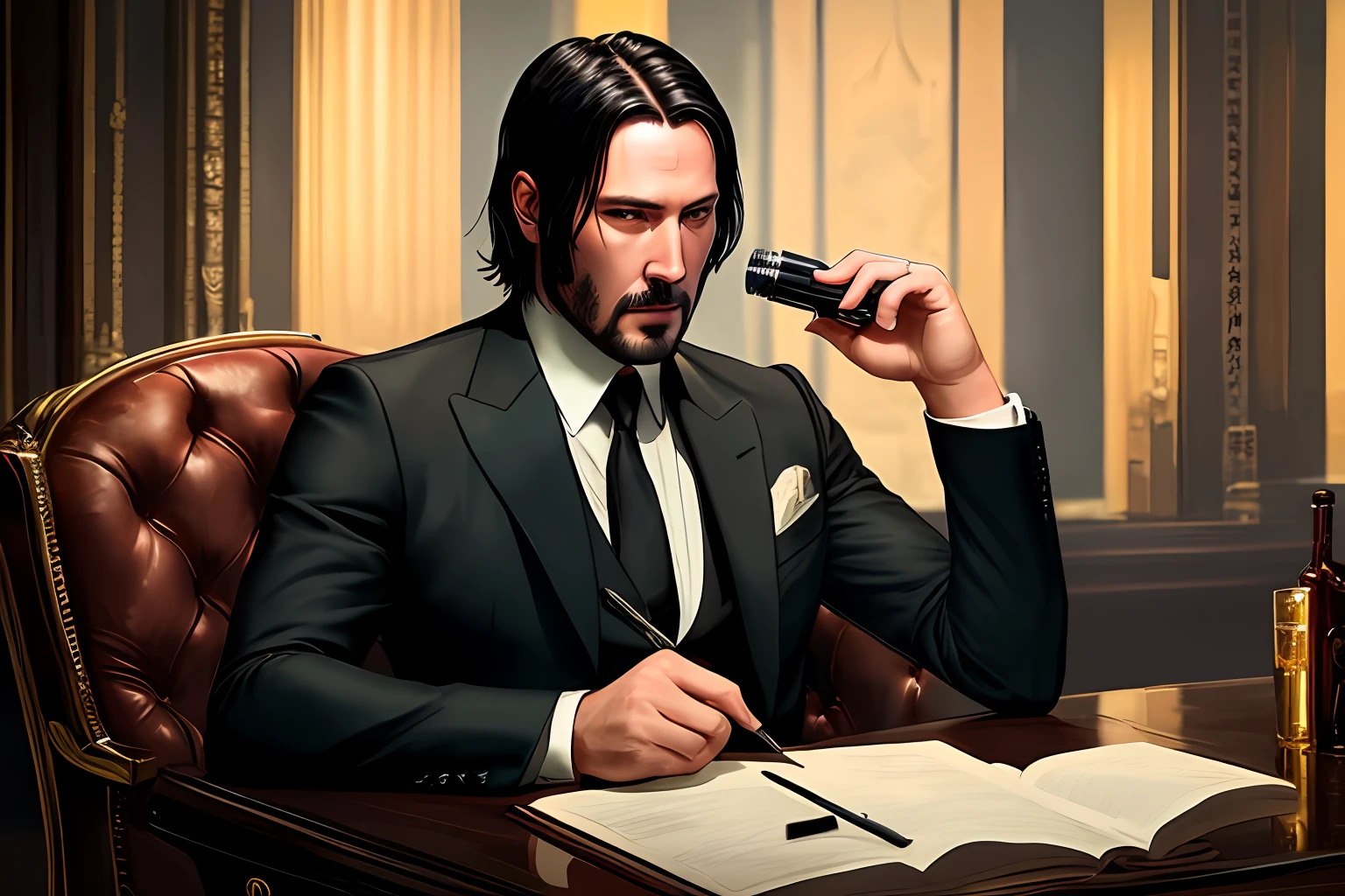 Dieselpunk style, (masterpiece), (magnificent art), (masterpiece), John Wick in 1930s mobster clothes, well-tailored and chic suit, vibrant and very detailed eyes, mobster meeting environment, Adobe Illustration, Trending on Artstation, ambient lighting, vivid colors, 50mm bifiocal lens, -