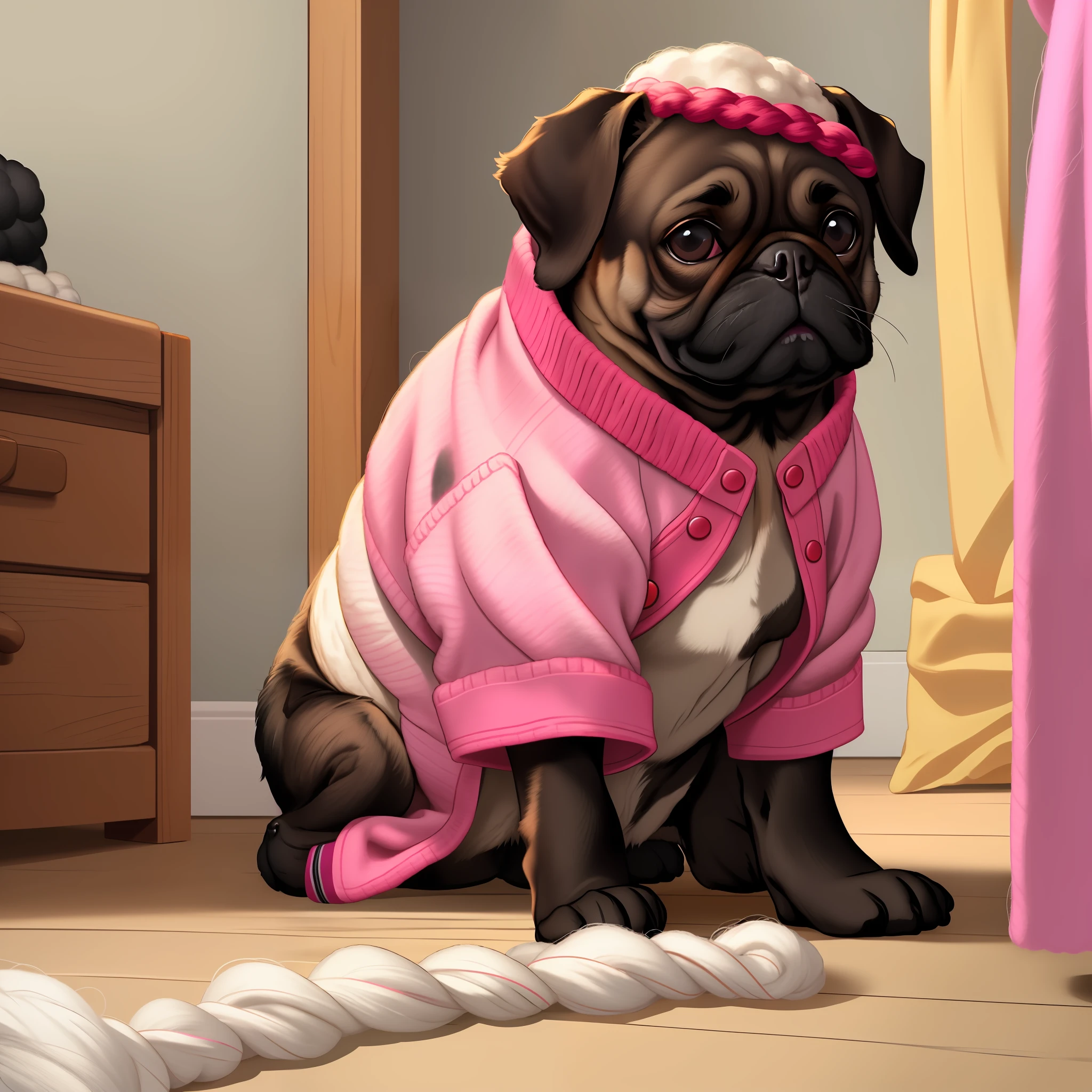 (wool:1.7), a cute pug breed dog with pink Barbie outfit, (detalhes intrincados), HDR, (detalhes intrincados, hiperdetalhados:1.2), Cinematic Still Shot, vinheta, Centrado