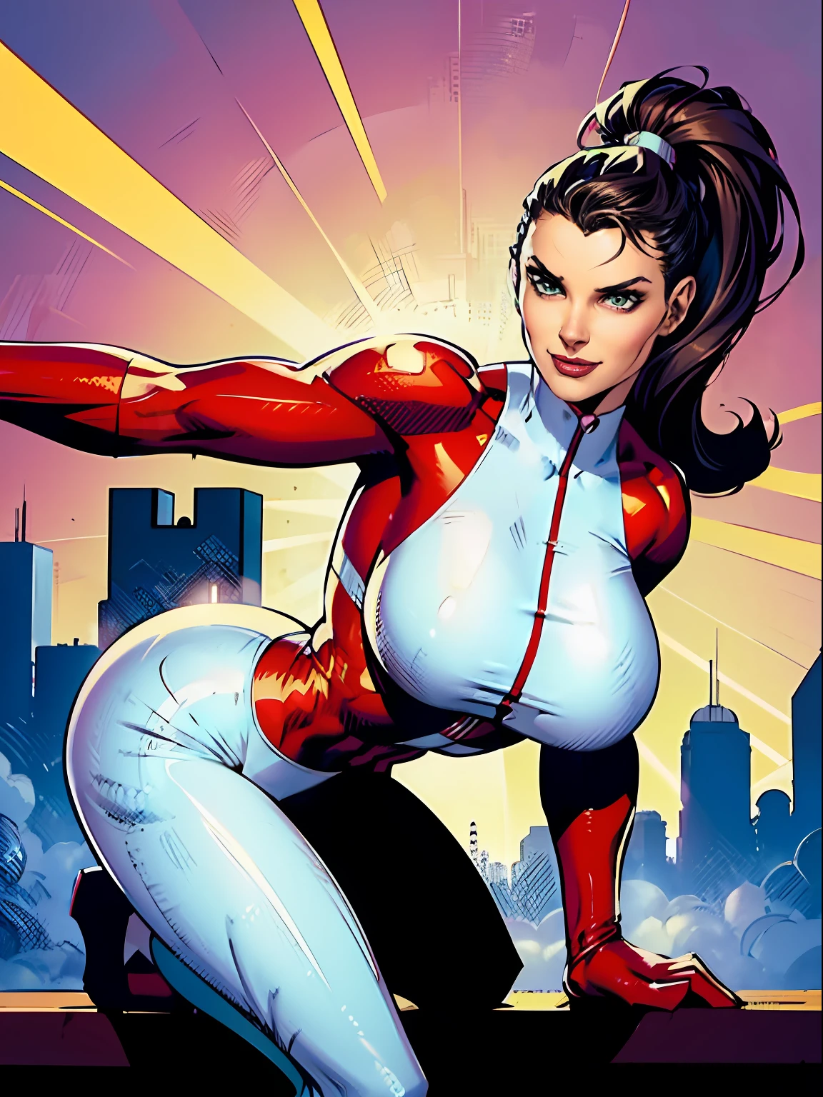 Stretcher comic book woman, happy, smiling, long hair, huge ponytail, slim, thin, athletic, womanly, rubbery, elastic woman, white and red spandex, rubber body, brunette, ((huge breasts)), city street, daytime, heroic, cheerful, bold nose, hawkish features, green eyes